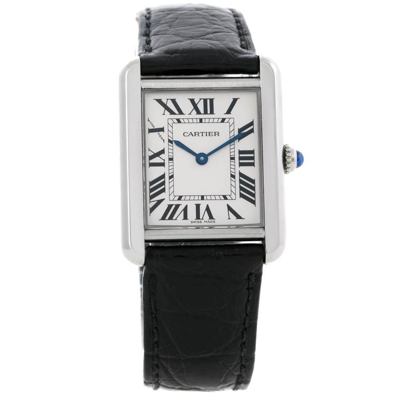 The image shows a front view of the Cartier Tank Solo W1018255 Women's Stainless Steel Silver Dial W1018255 Women's Stainless Steel Silver Dial watch, displaying the face, dial, and leather strap.