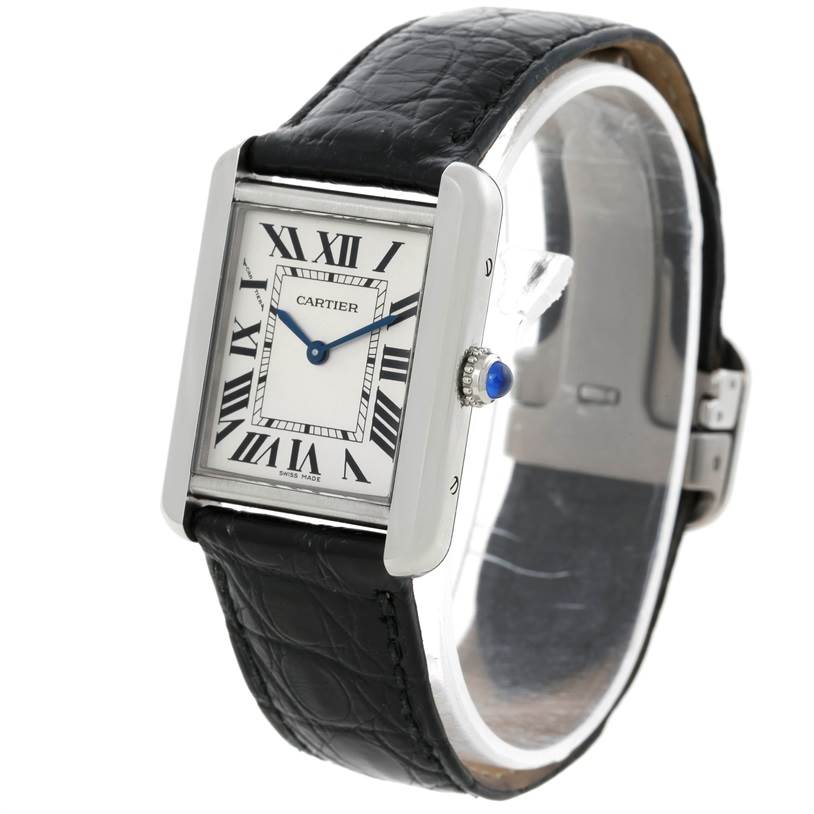 The image shows a Cartier Tank Solo W1018255 Women's Stainless Steel Silver Dial W1018255 Women's Stainless Steel Silver Dial watch from an angled front view, displaying its face, crown, and leather band.