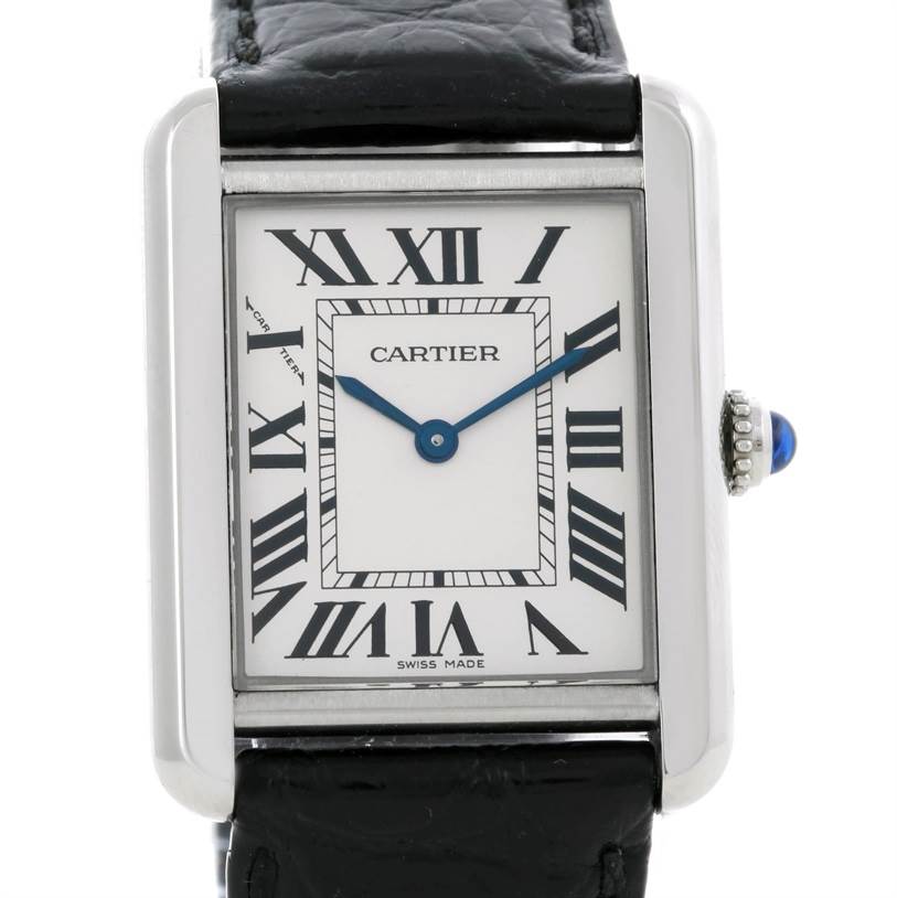 This image shows the front view of the Cartier Tank Solo W1018255 Women's Stainless Steel Silver Dial W1018255 Women's Stainless Steel Silver Dial watch, emphasizing its rectangular face, Roman numerals, and leather strap.