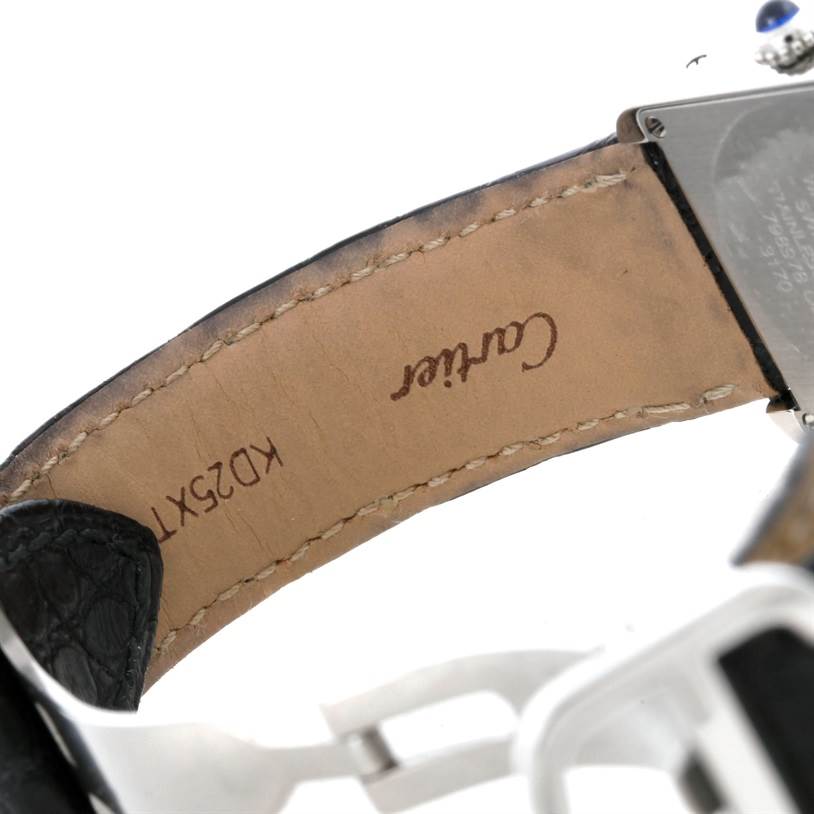 This image shows the inside of the leather strap and part of the clasp of a Cartier Tank Solo W1018255 Women's Stainless Steel Silver Dial W1018255 Women's Stainless Steel Silver Dial watch.