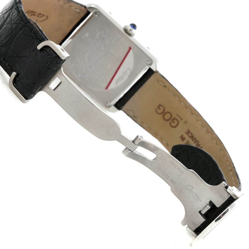 The image shows the back and strap clasp of a Cartier Tank Solo W1018255 Women's Stainless Steel Silver Dial W1018255 Women's Stainless Steel Silver Dial watch, highlighting the buckle and detailing on the leather strap.