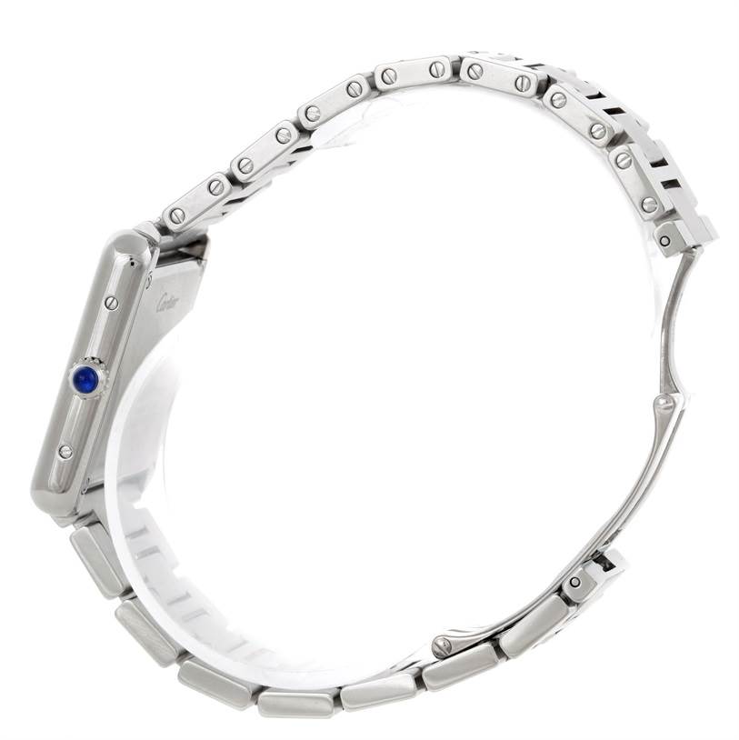 The image shows a side profile of a Cartier Tank Solo W5200013 Women's Stainless Steel Silver Dial W5200013 Women's Stainless Steel Silver Dial watch emphasizing its case, crown with a blue cabochon, and metal bracelet.
