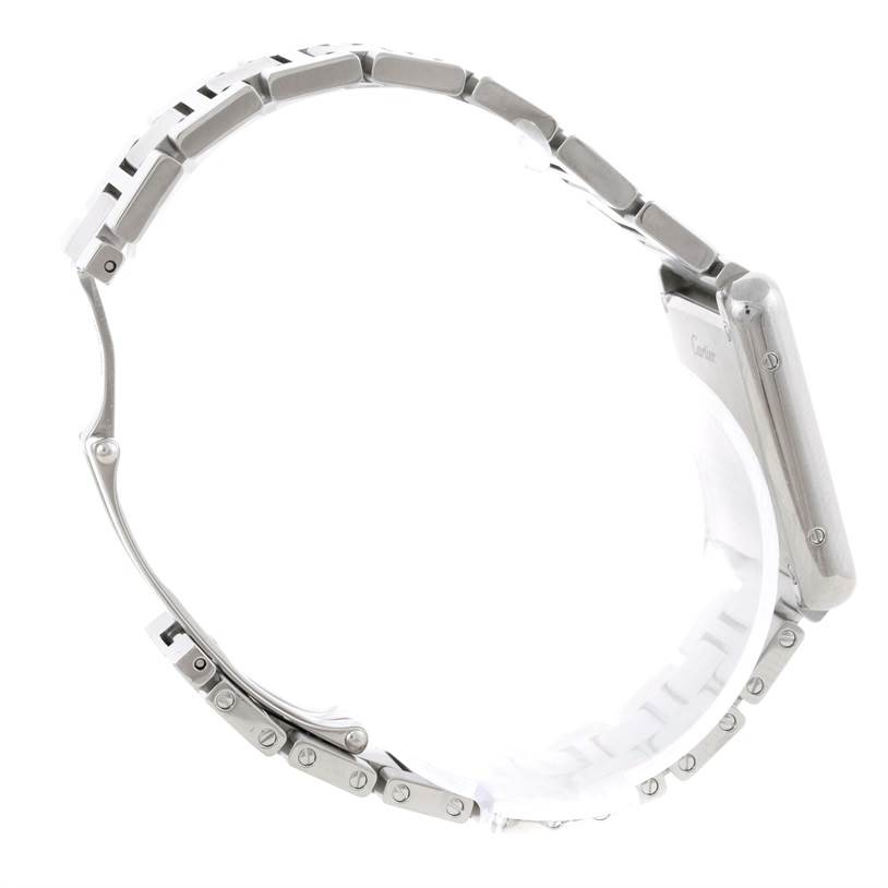 This image shows the side view of the case and metal bracelet of a Cartier Tank Solo W5200013 Women's Stainless Steel Silver Dial W5200013 Women's Stainless Steel Silver Dial watch.