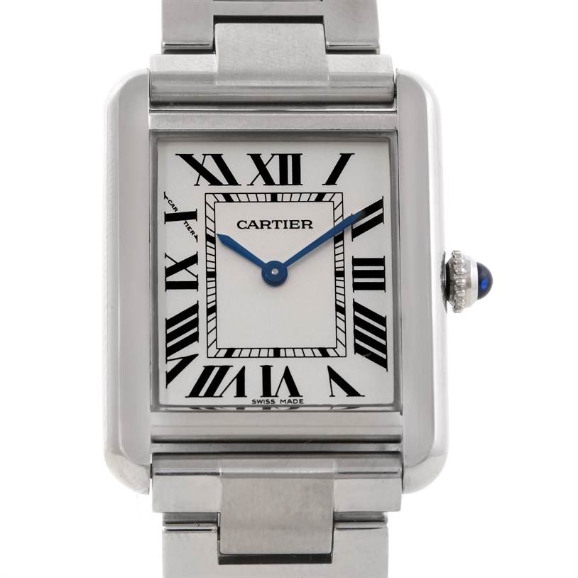 The image shows a close-up front view of the dial and part of the bracelet of the Cartier Tank Solo W5200013 Women's Stainless Steel Silver Dial W5200013 Women's Stainless Steel Silver Dial watch.