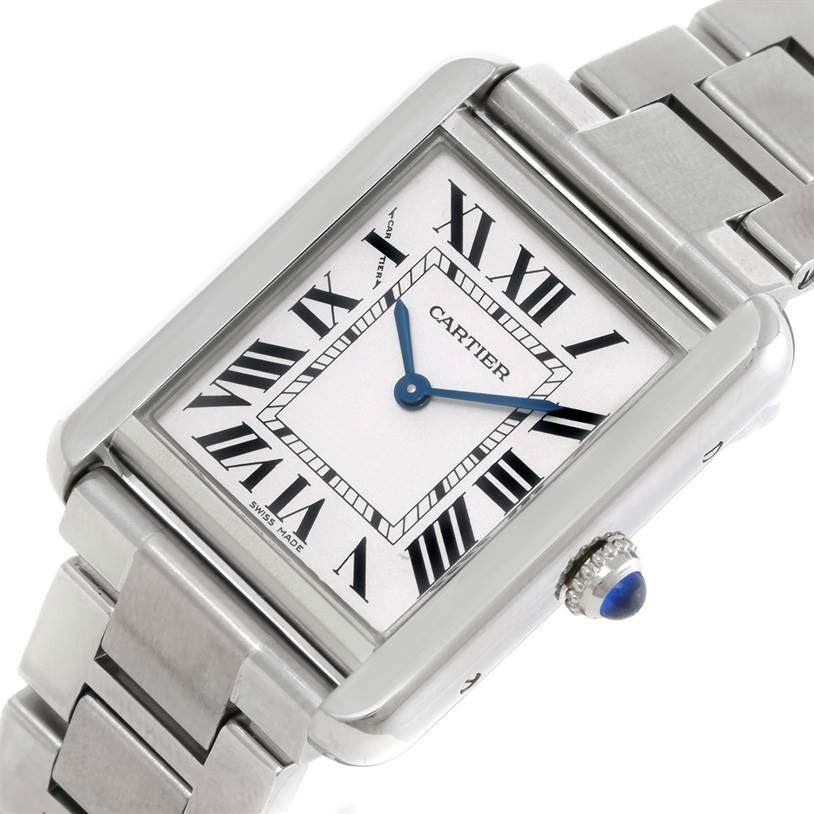 This image showcases a Cartier Tank Solo W5200013 Women's Stainless Steel Silver Dial W5200013 Women's Stainless Steel Silver Dial watch at an angled view, highlighting the dial, crown, and part of the bracelet.