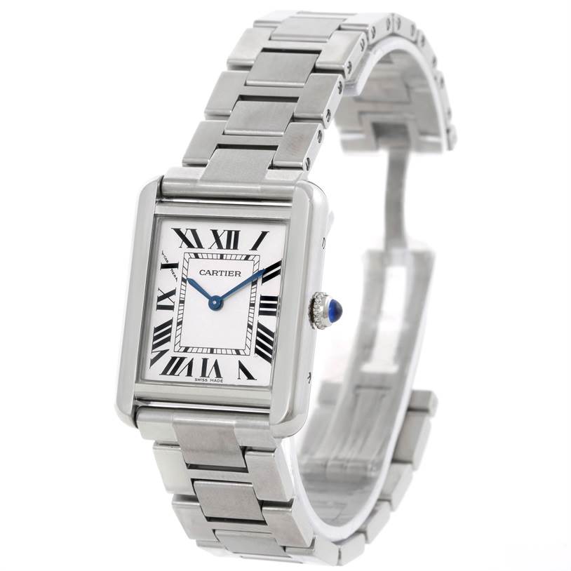 The Tank Solo by Cartier is shown at a slight angle, highlighting the face, crown, and metal bracelet.