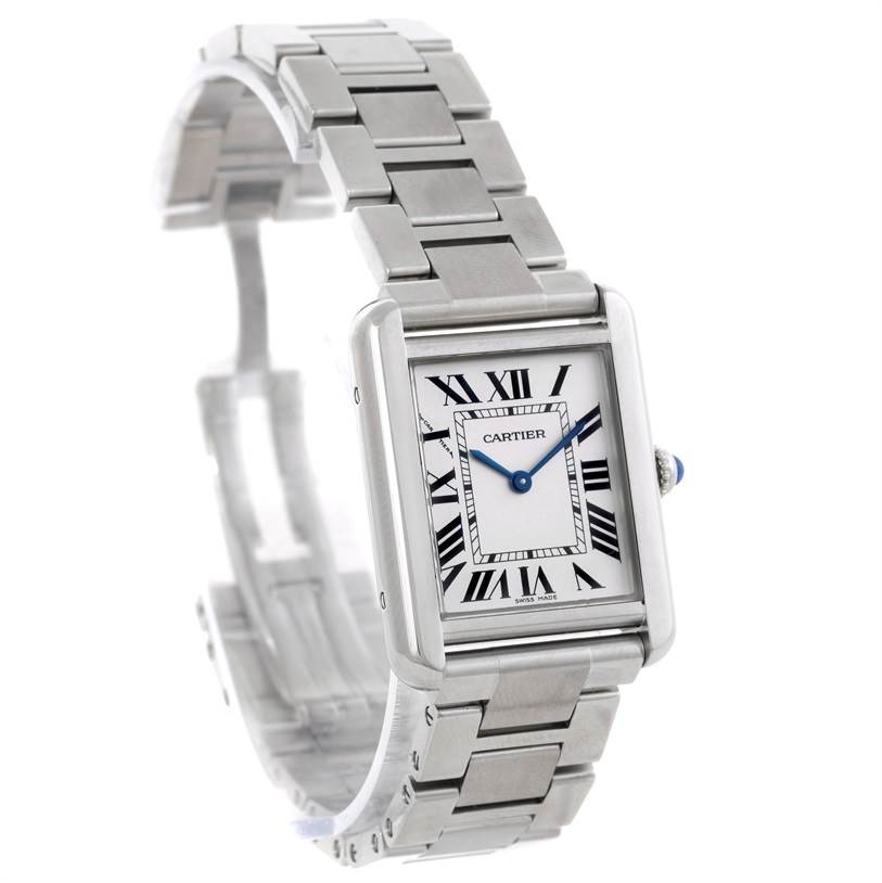 The Cartier Tank Solo W5200013 Women's Stainless Steel Silver Dial W5200013 Women's Stainless Steel Silver Dial watch is shown at a slight angle, featuring its Roman numeral face, blue hands, and metal bracelet.