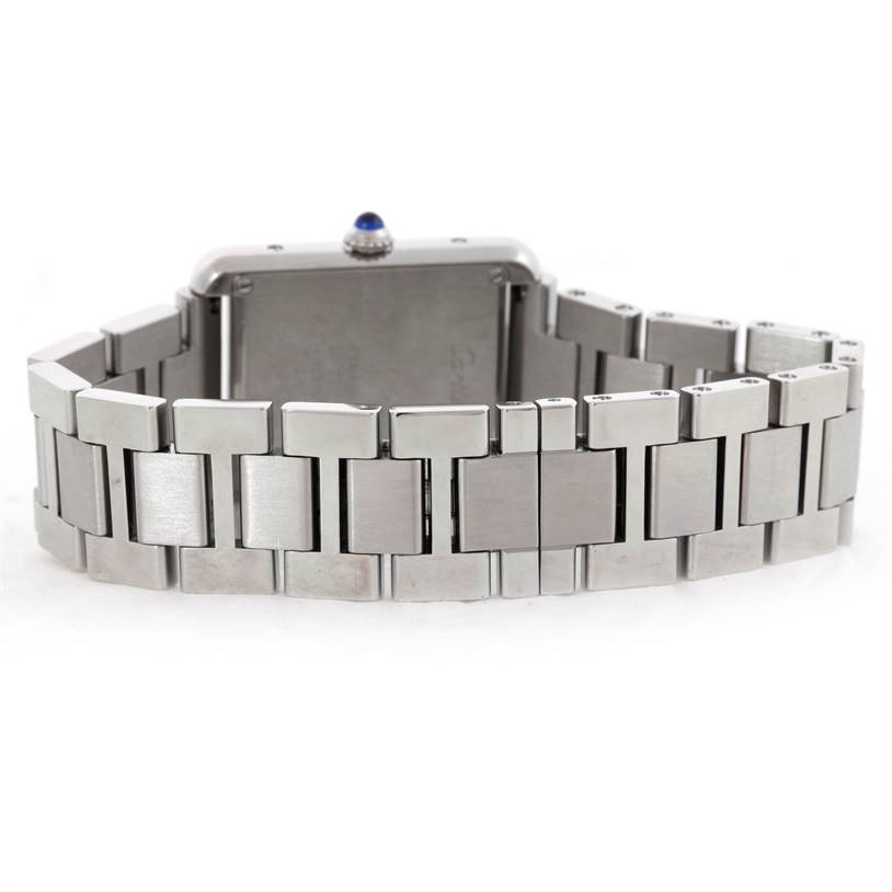 The image shows the back view of the Cartier Tank Solo W5200013 Women's Stainless Steel Silver Dial W5200013 Women's Stainless Steel Silver Dial watch, focusing on its stainless steel bracelet and case back.