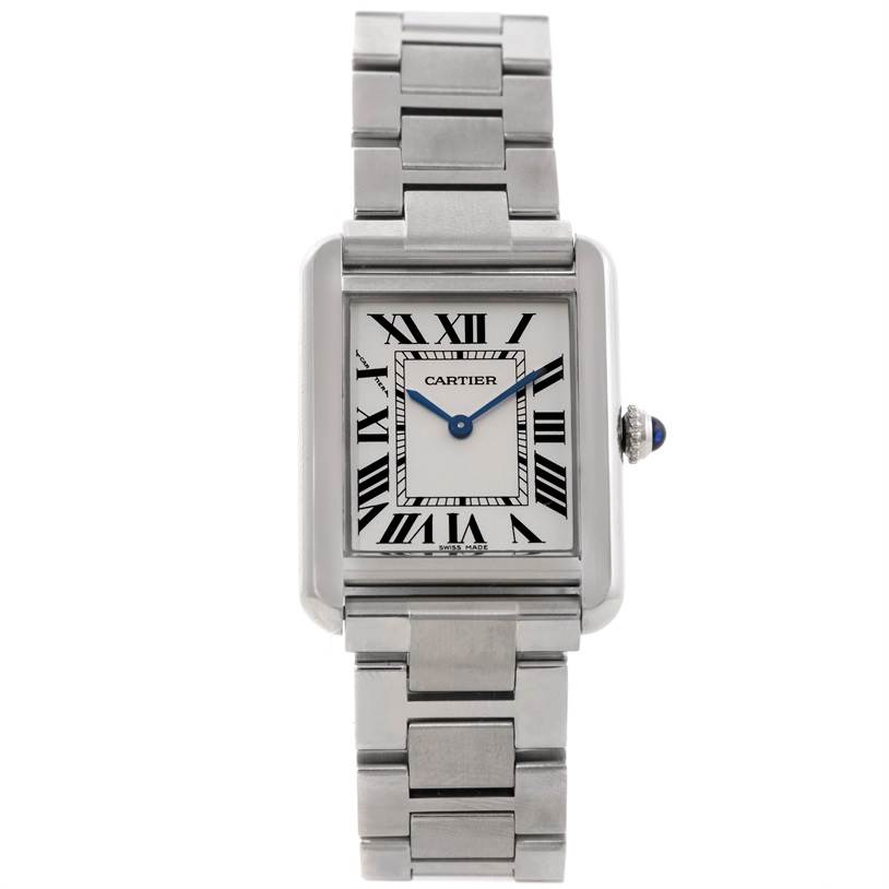 This image shows a front view of a Cartier Tank Solo W5200013 Women's Stainless Steel Silver Dial W5200013 Women's Stainless Steel Silver Dial watch, displaying the face, bracelet, and crown.