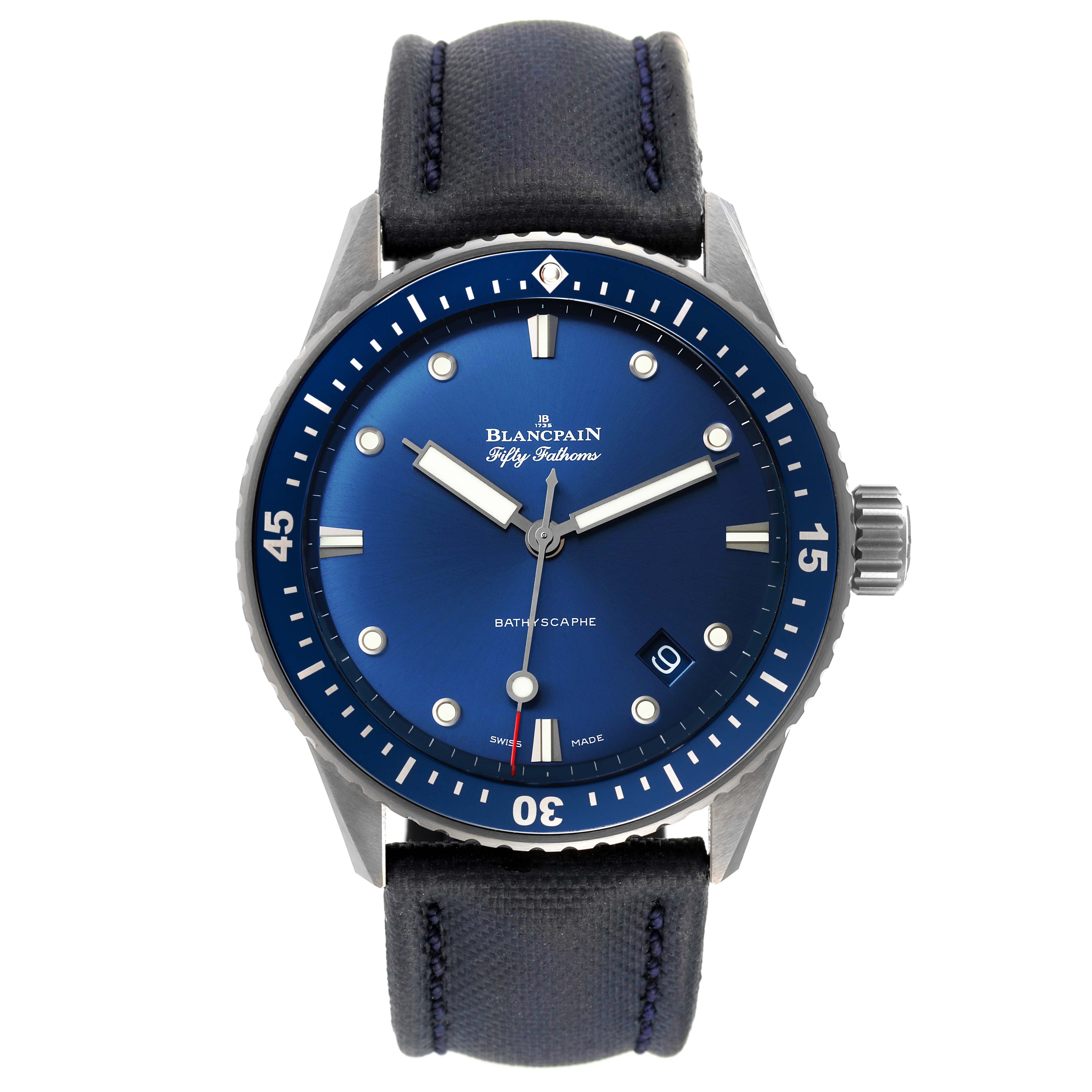 The image shows a front view of the Blancpain Fifty Fathoms 5000-0240-052A Men's Ceramic Blue Dial 5000-0240-052A Men's Ceramic Blue Dial Bathyscaphe watch, highlighting the dial, bezel, and strap.
