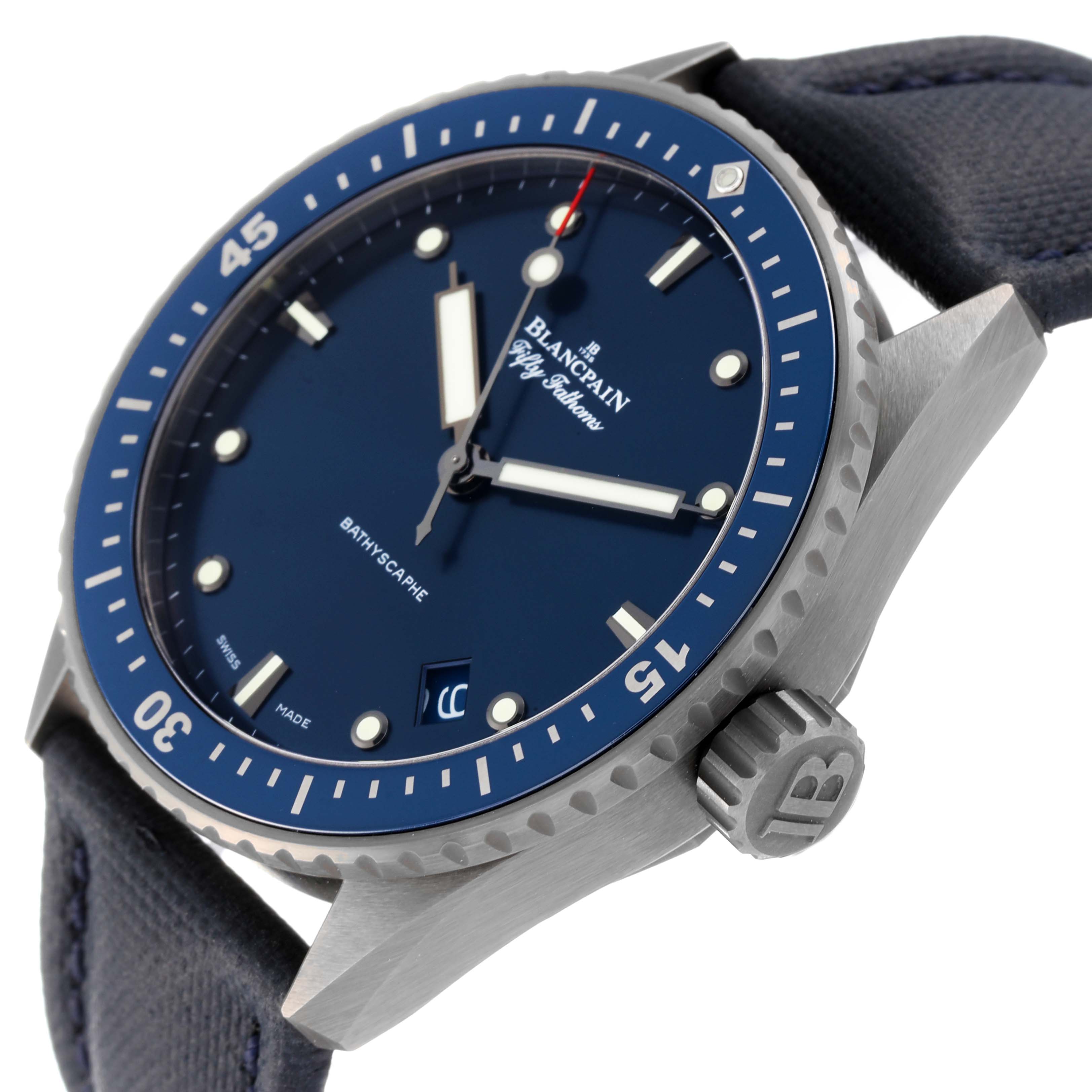 The image shows a side angle of the Blancpain Fifty Fathoms 5000-0240-052A Men's Ceramic Blue Dial 5000-0240-052A Men's Ceramic Blue Dial Bathyscaphe watch with a focus on the dial and crown.