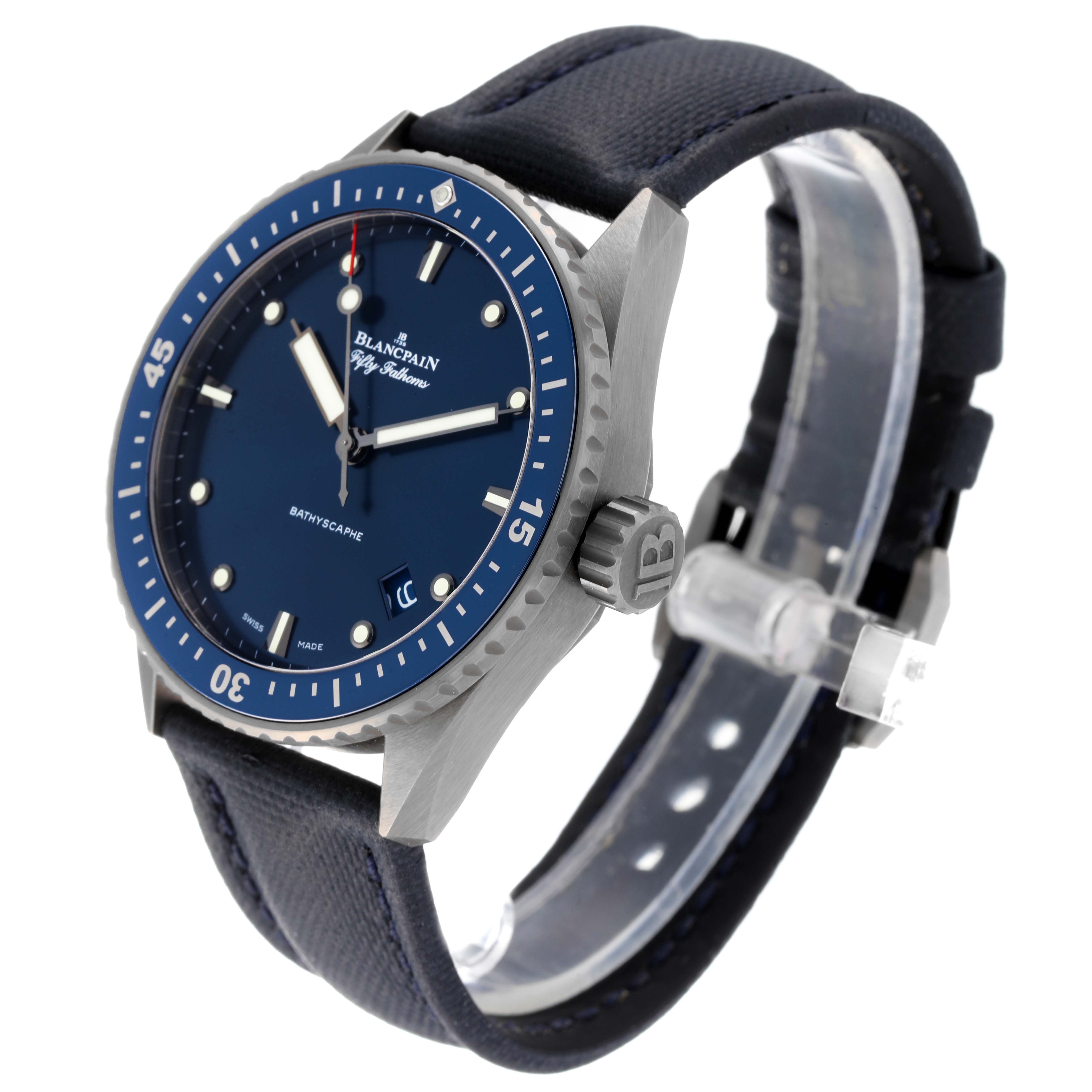 The Blancpain Fifty Fathoms 5000-0240-052A Men's Ceramic Blue Dial 5000-0240-052A Men's Ceramic Blue Dial watch is shown at a three-quarter angle, highlighting its dial, bezel, crown, and strap.