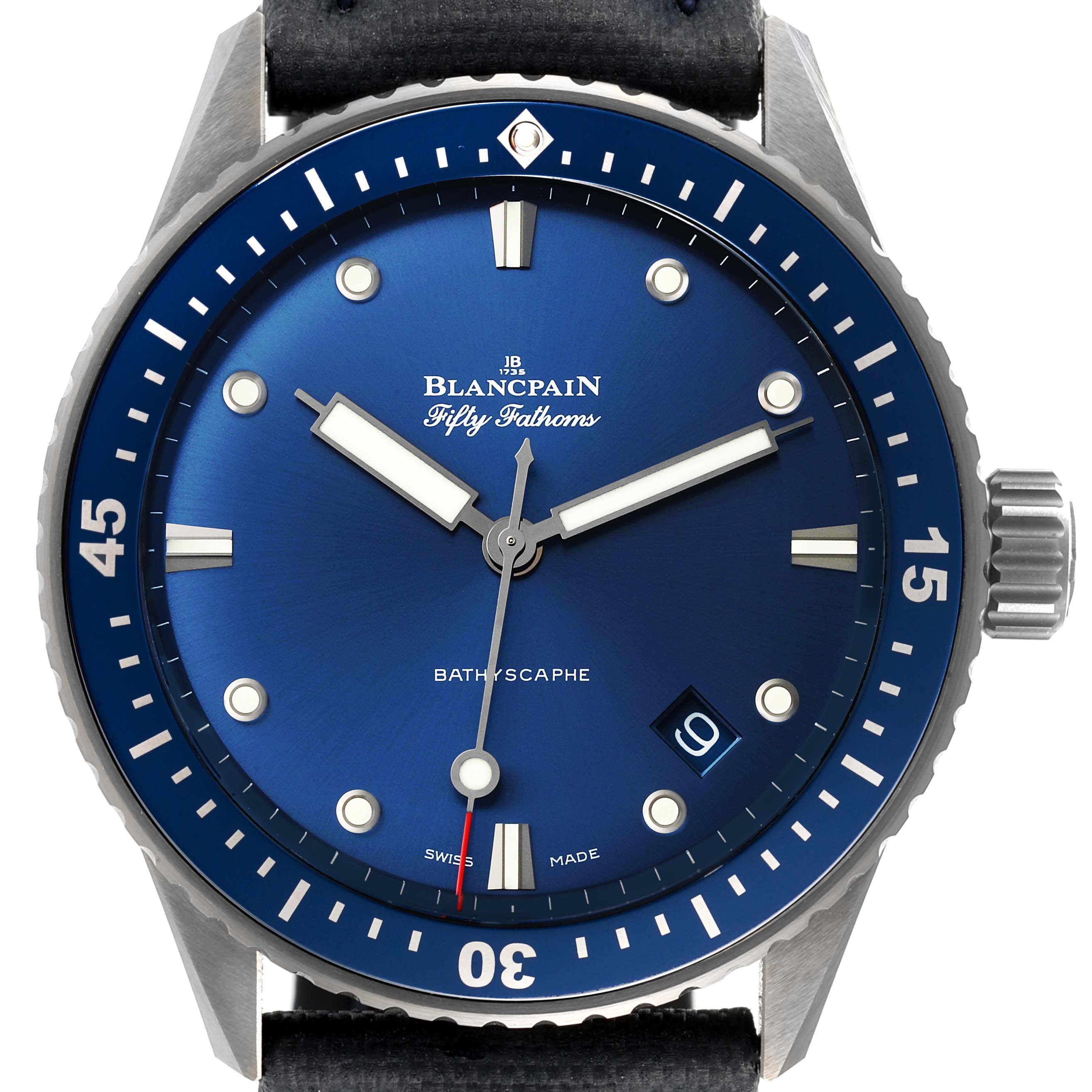 This is a close-up front view of the Blancpain Fifty Fathoms 5000-0240-052A Men's Ceramic Blue Dial 5000-0240-052A Men's Ceramic Blue Dial Bathyscaphe watch showing the dial and bezel.