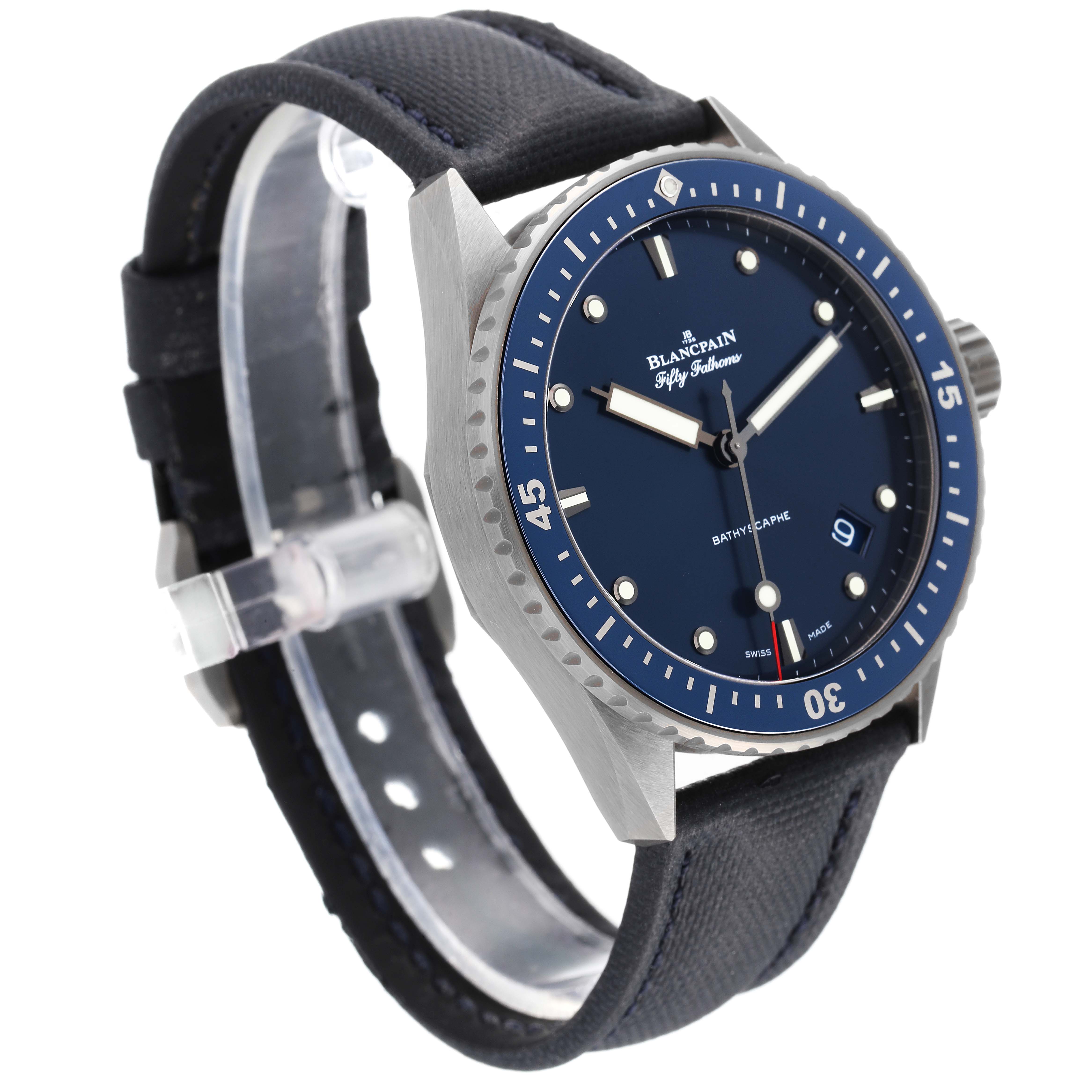 This image shows a side angle view of the Blancpain Fifty Fathoms 5000-0240-052A Men's Ceramic Blue Dial 5000-0240-052A Men's Ceramic Blue Dial watch, highlighting the dial, bezel, crown, and strap.