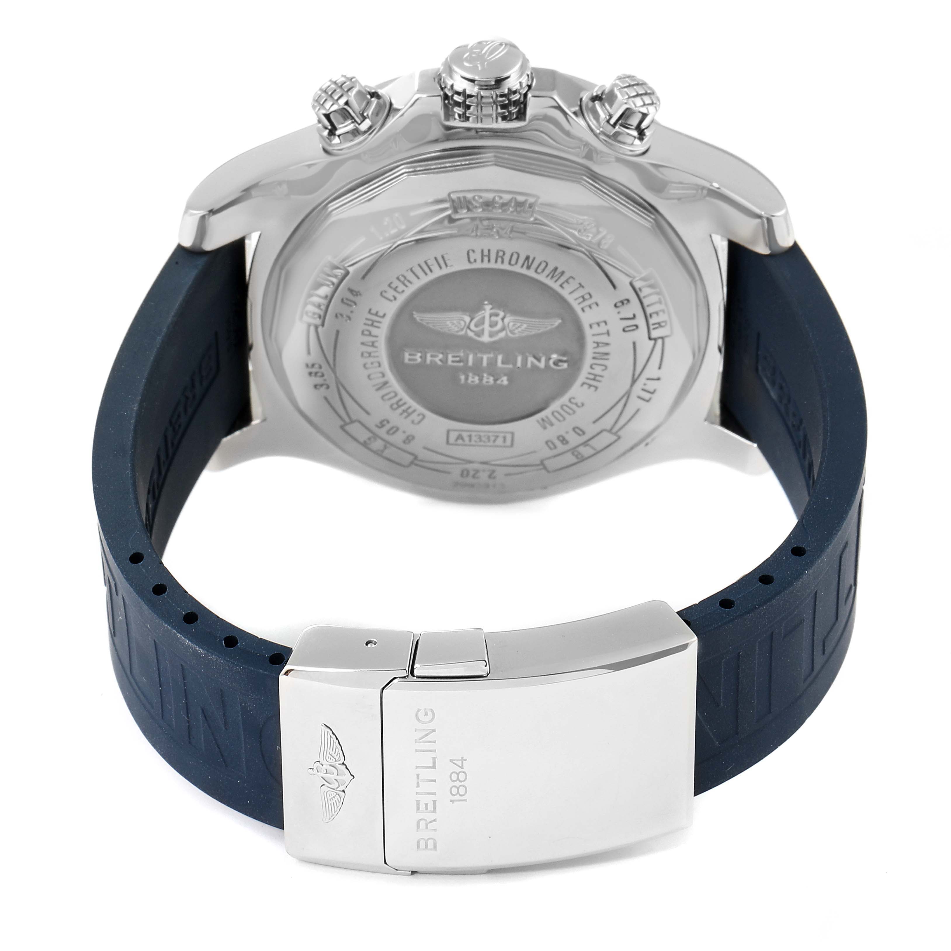 The image shows the back case and clasp of a Breitling Avenger A13371 Men's Stainless Steel Blue Dial A13371 Men's Stainless Steel Blue Dial watch with a blue strap.