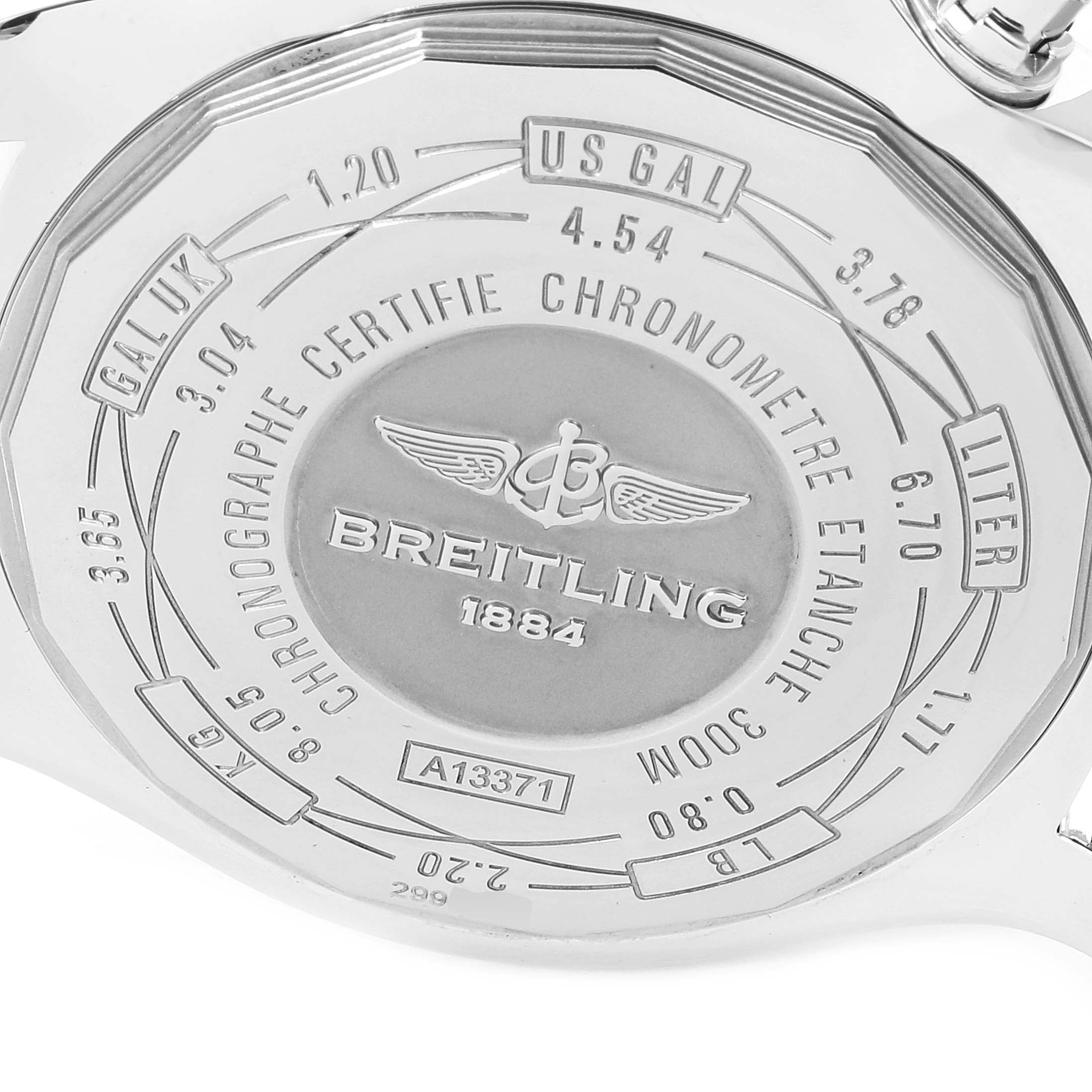 The image shows the back of a Breitling Avenger A13371 Men's Stainless Steel Blue Dial A13371 Men's Stainless Steel Blue Dial model watch, highlighting engravings and specifications.
