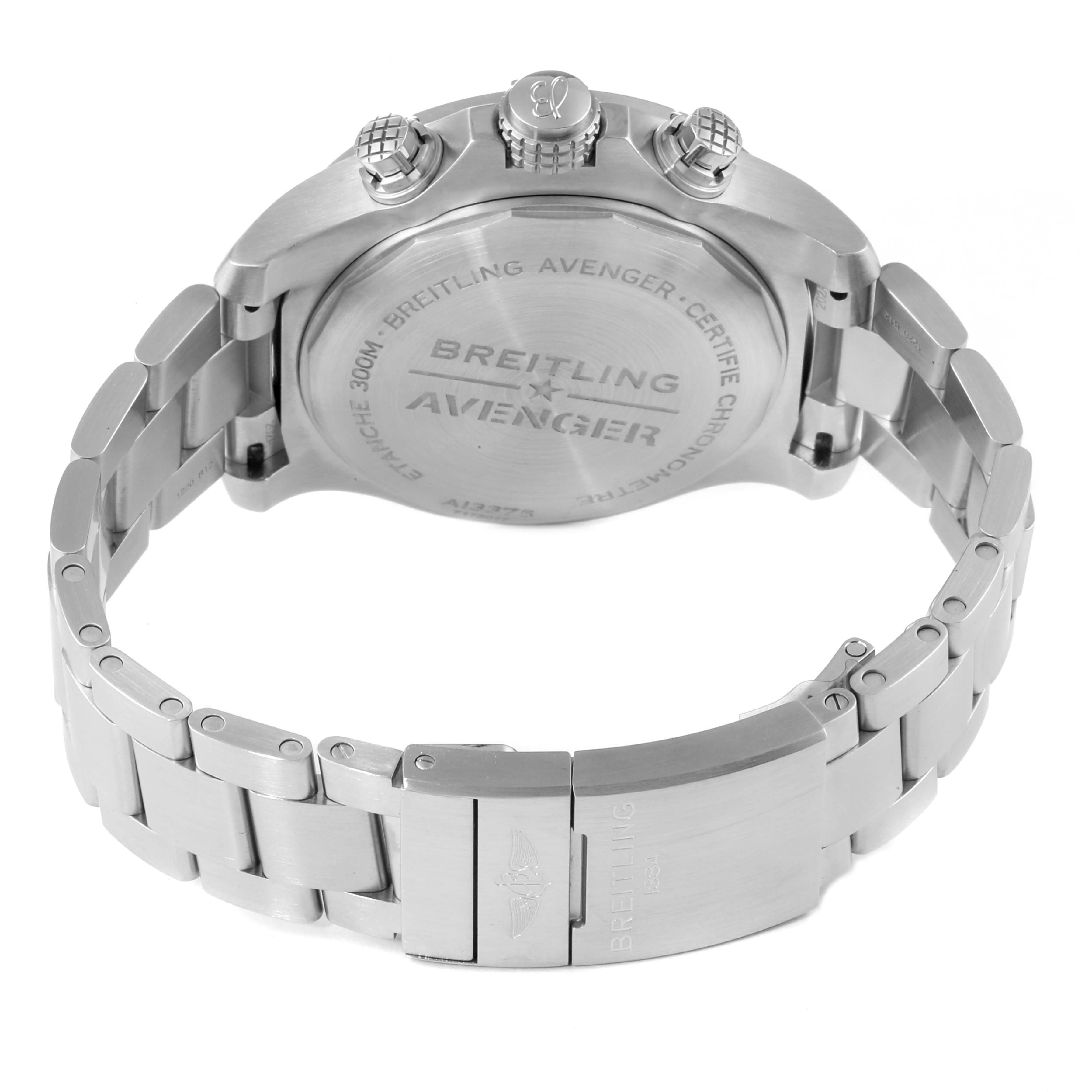 This image shows the back case and metal bracelet of the Breitling Avenger A13375 Men's Stainless Steel Black Dial A13375 Men's Stainless Steel Black Dial watch.