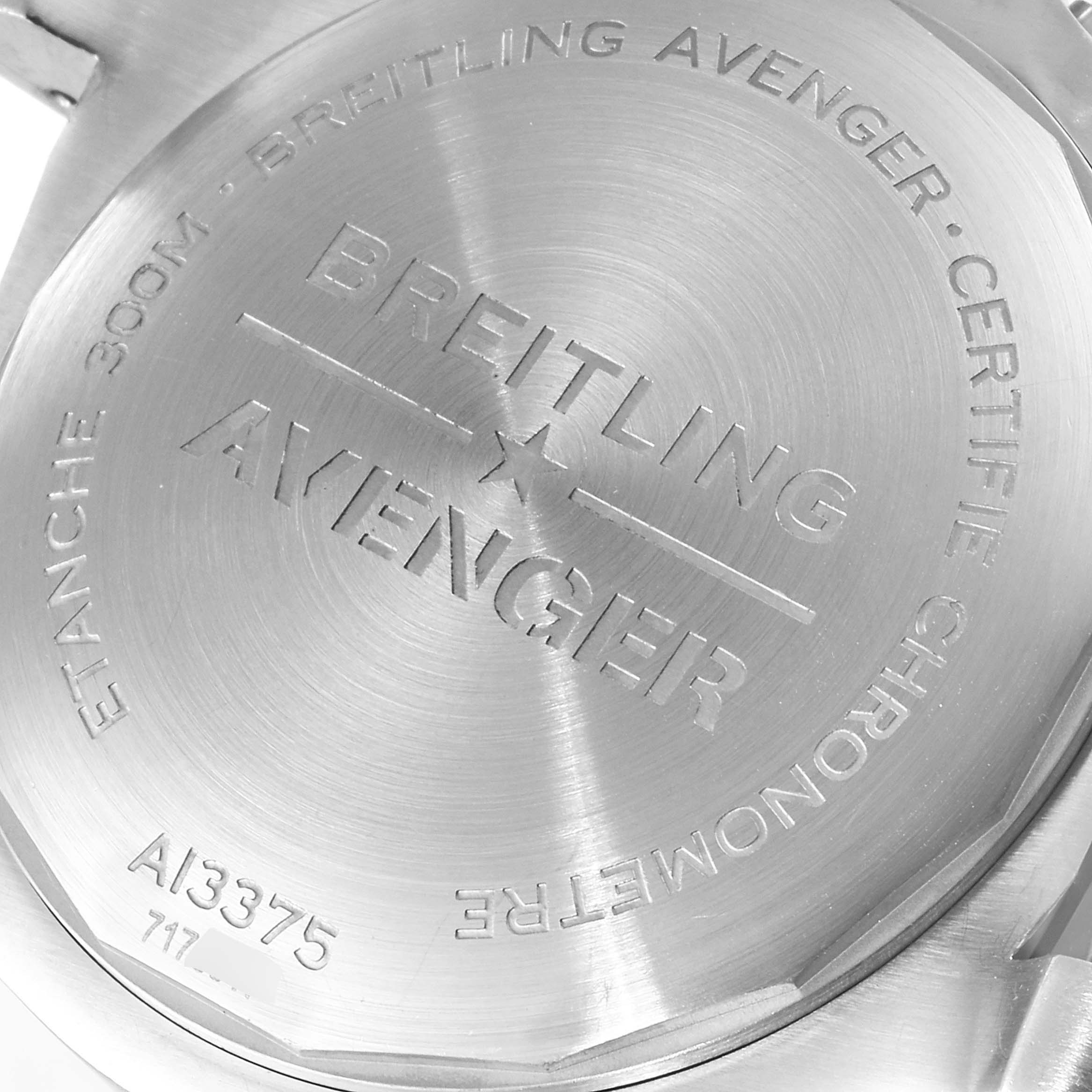 The image shows the case back of a Breitling Avenger A13375 Men's Stainless Steel Black Dial A13375 Men's Stainless Steel Black Dial watch from a slightly diagonal angle.