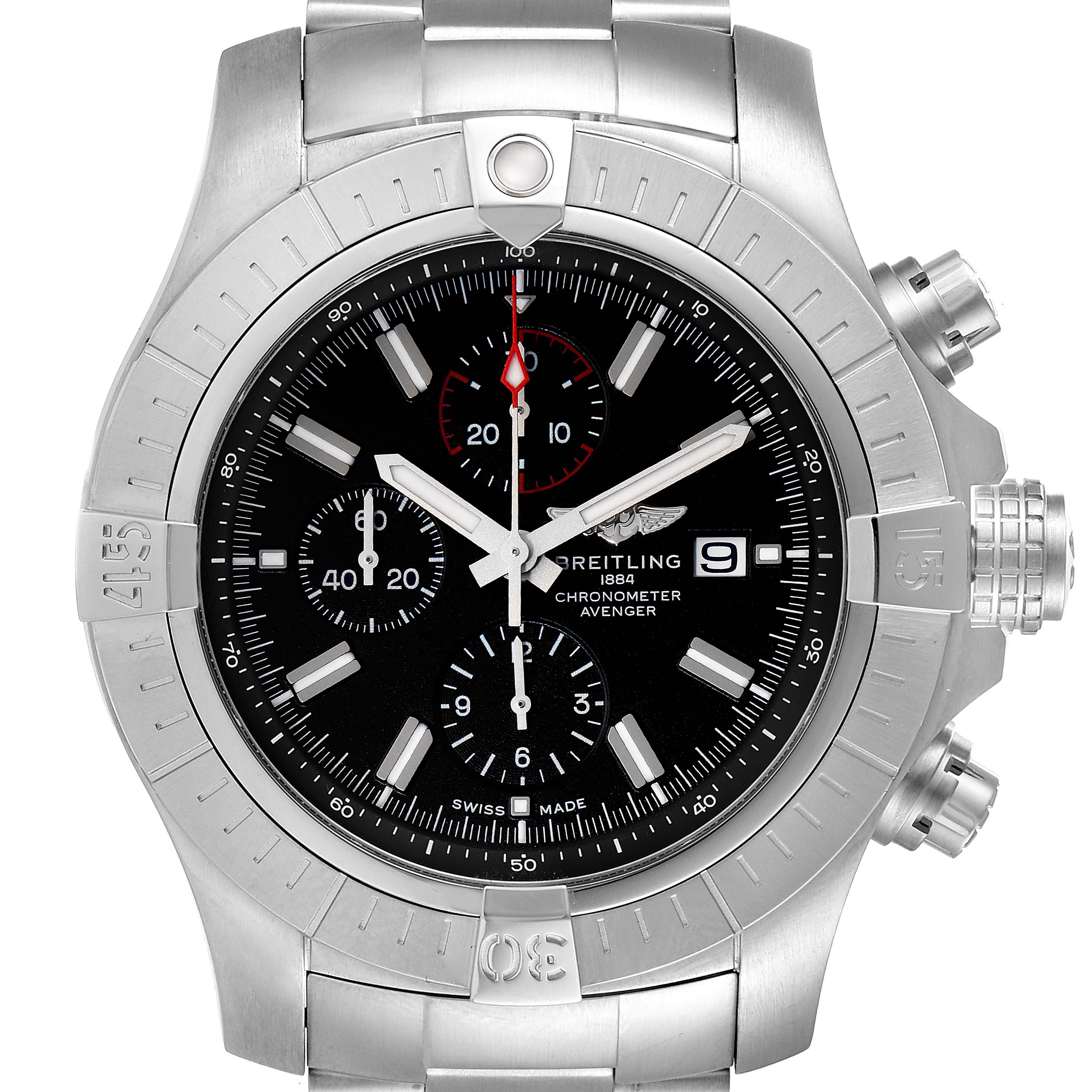 This image shows a front view of a Breitling Avenger A13375 Men's Stainless Steel Black Dial A13375 Men's Stainless Steel Black Dial watch, highlighting its dial, bezel, and subdials.