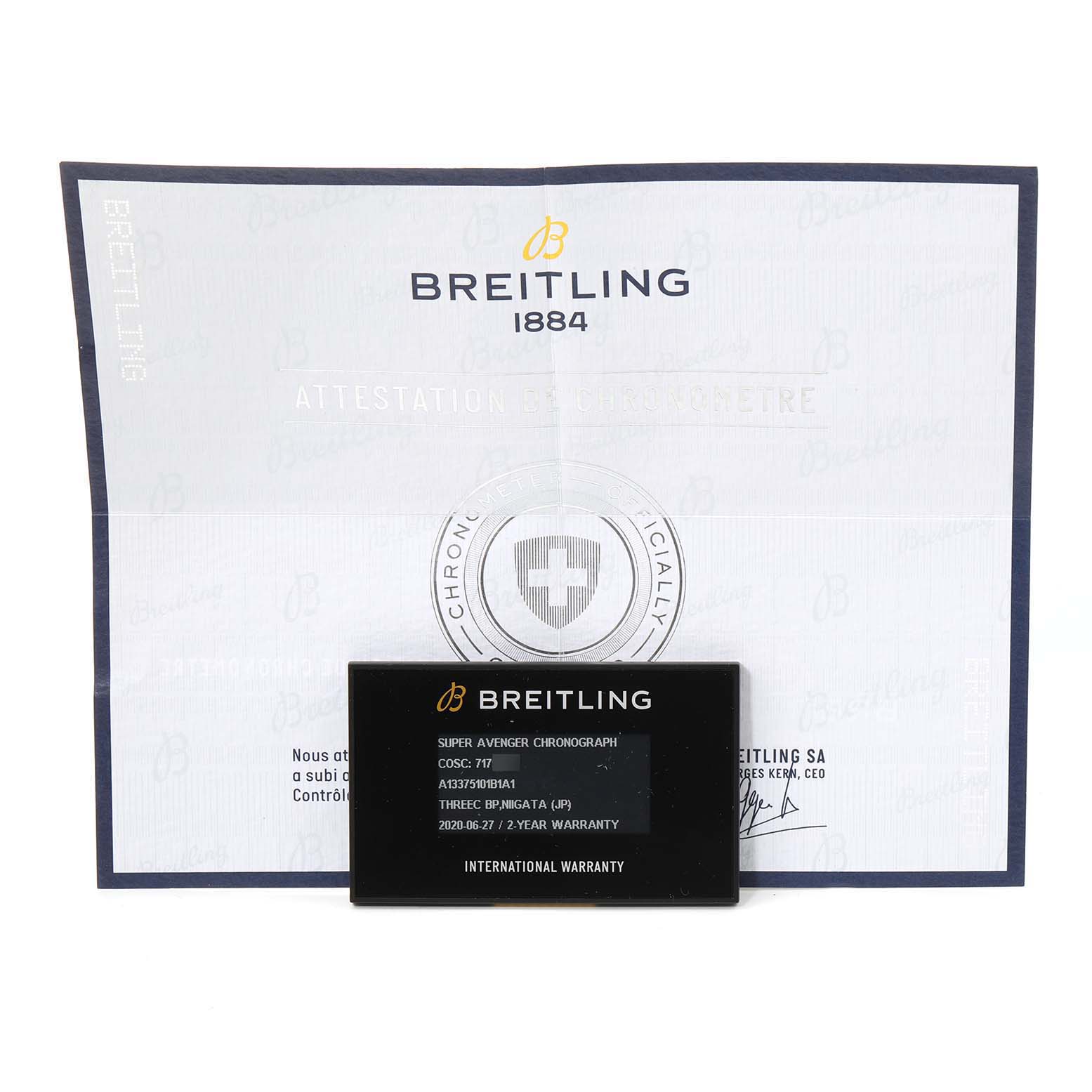 The image shows the warranty card and certificate for a Breitling Avenger A13375 Men's Stainless Steel Black Dial A13375 Men's Stainless Steel Black Dial model watch.