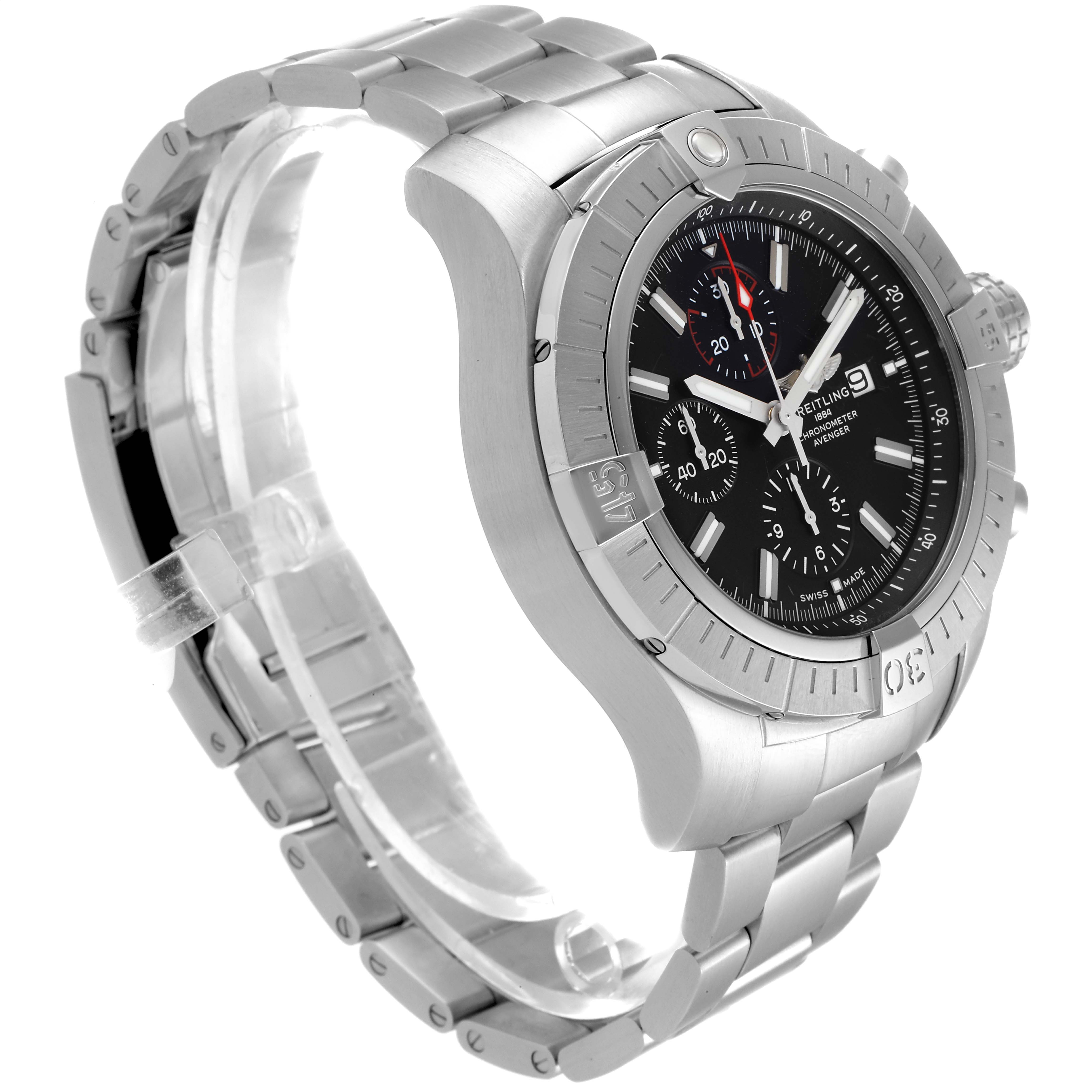 The image shows a side angle of a Breitling Avenger A13375 Men's Stainless Steel Black Dial A13375 Men's Stainless Steel Black Dial watch, highlighting its stainless steel bracelet and black chronograph dial.