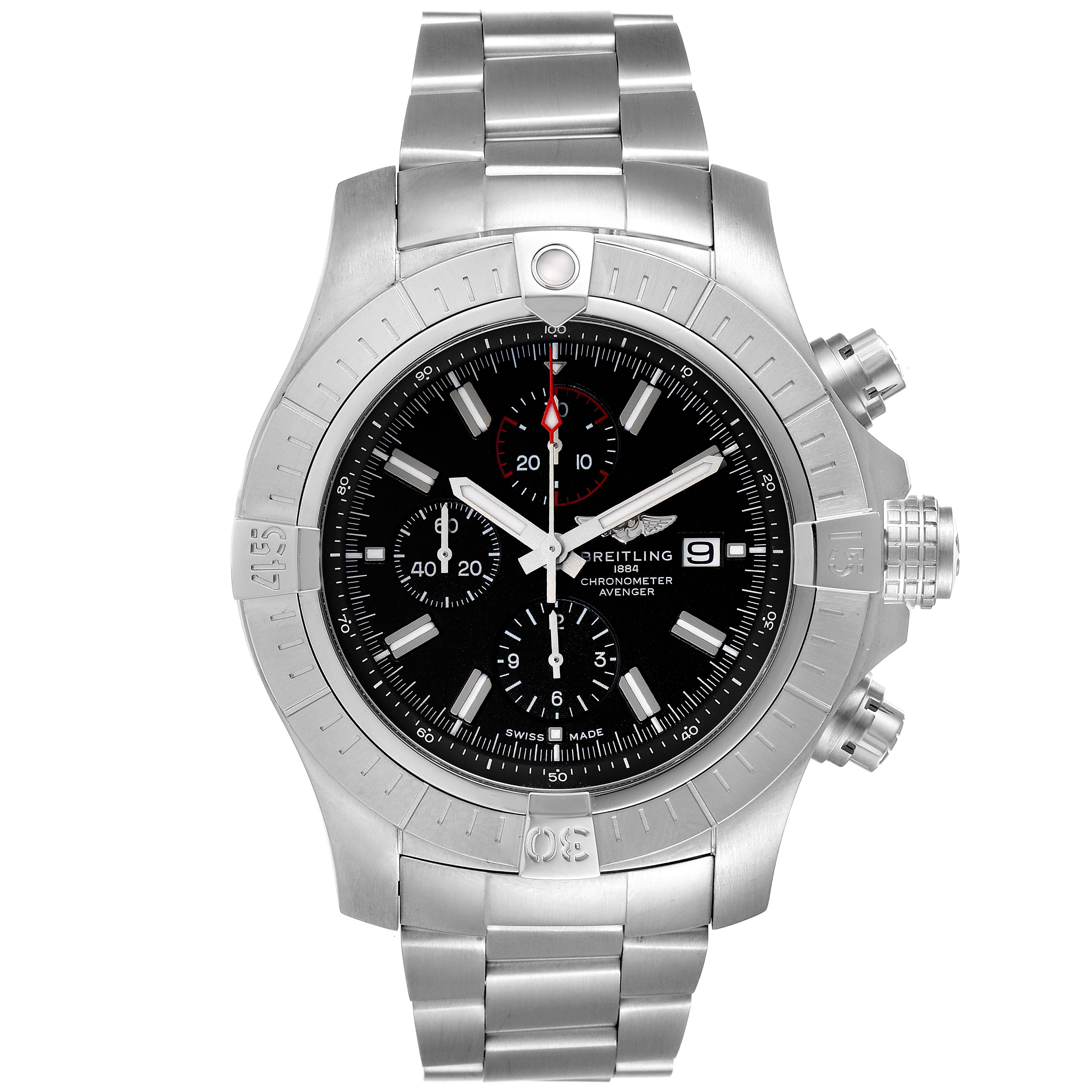 The Breitling Avenger A13375 Men's Stainless Steel Black Dial A13375 Men's Stainless Steel Black Dial watch is shown from a front angle, displaying its face, bezel, chronographs, dial, and stainless steel bracelet.