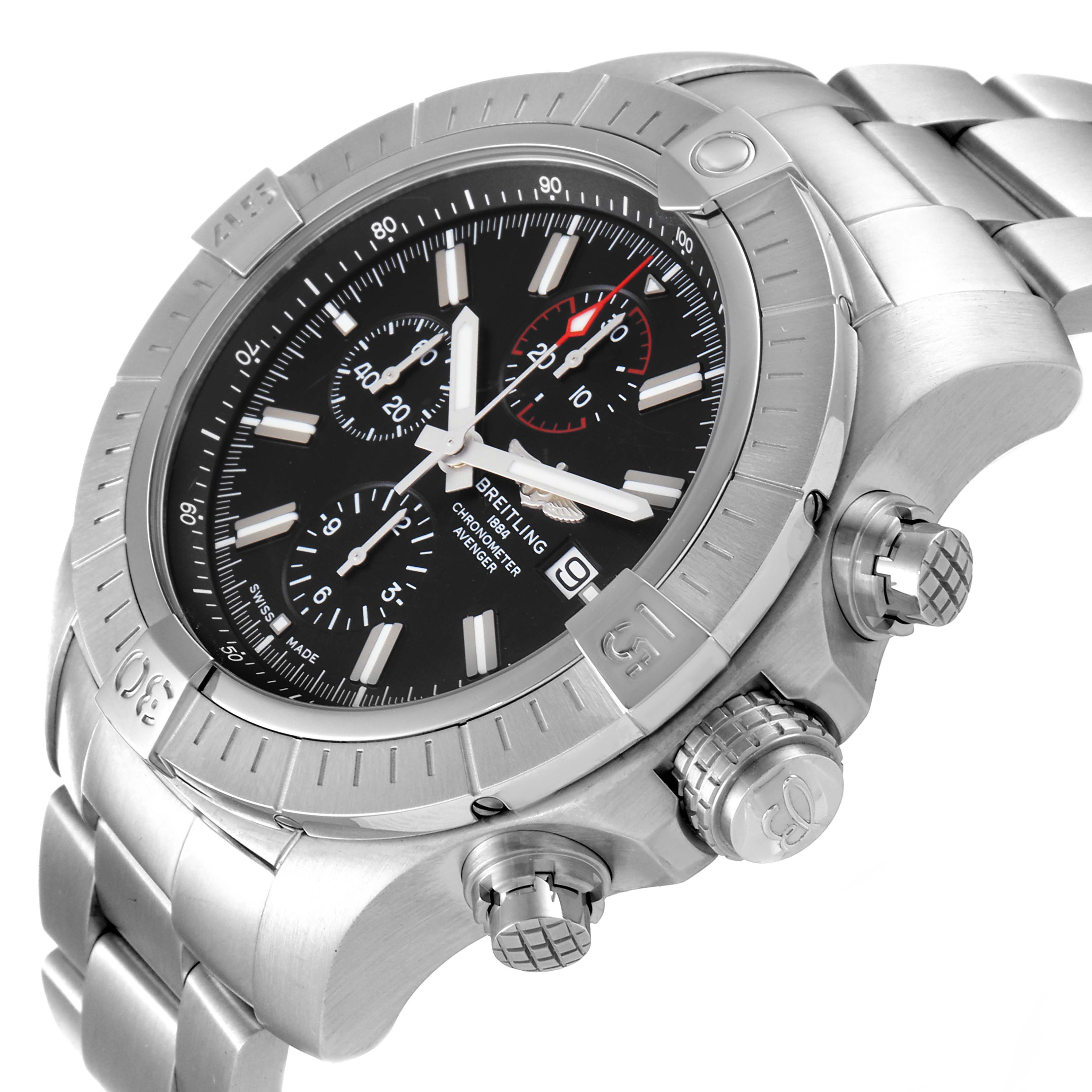 The image shows a side angle of the Breitling Avenger A13375 Men's Stainless Steel Black Dial A13375 Men's Stainless Steel Black Dial watch, highlighting its bezel, dial, subdials, pushers, and bracelet.