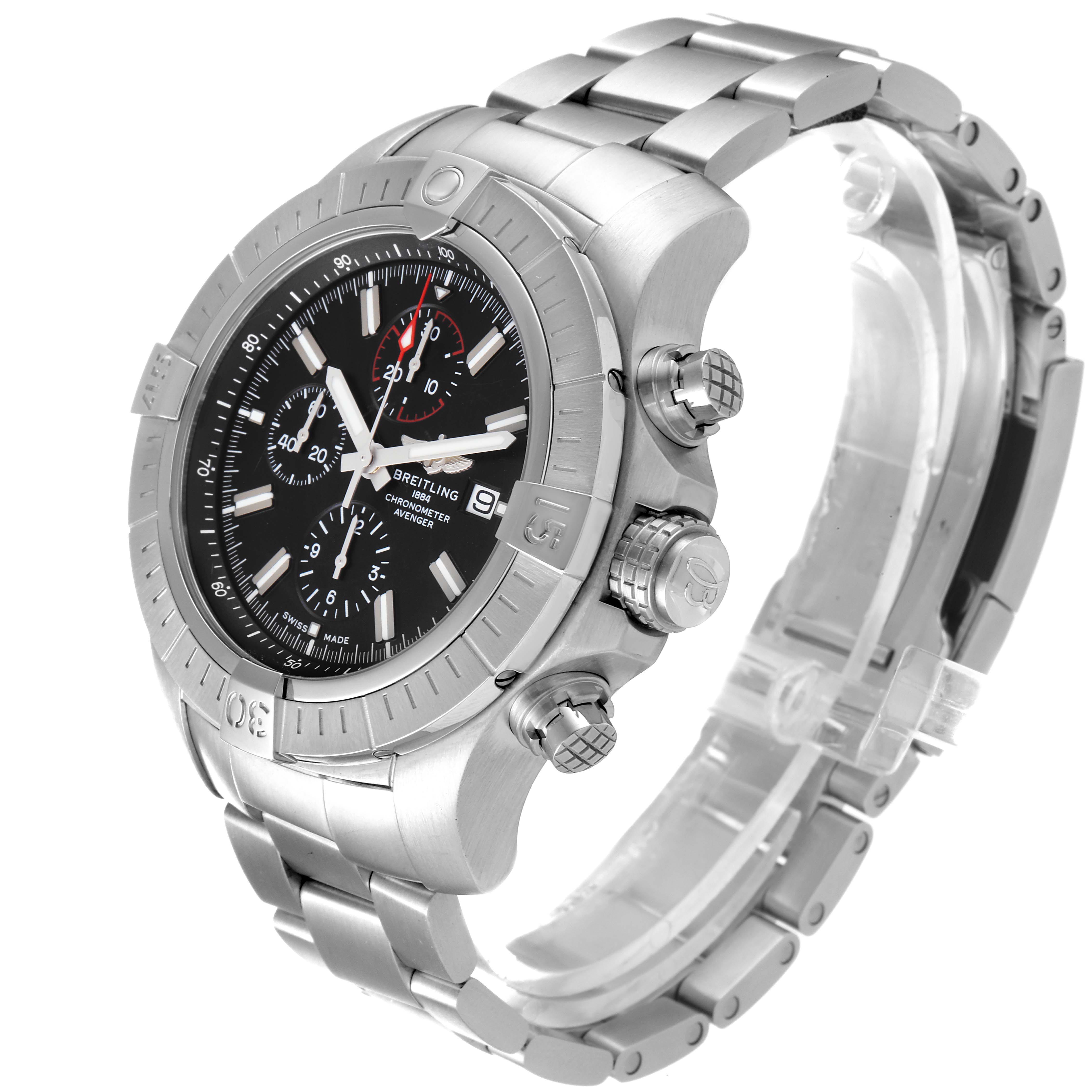 The image shows a side angle of the Breitling Avenger A13375 Men's Stainless Steel Black Dial A13375 Men's Stainless Steel Black Dial watch, highlighting its stainless steel case, bracelet, crown, and chronograph pushers.