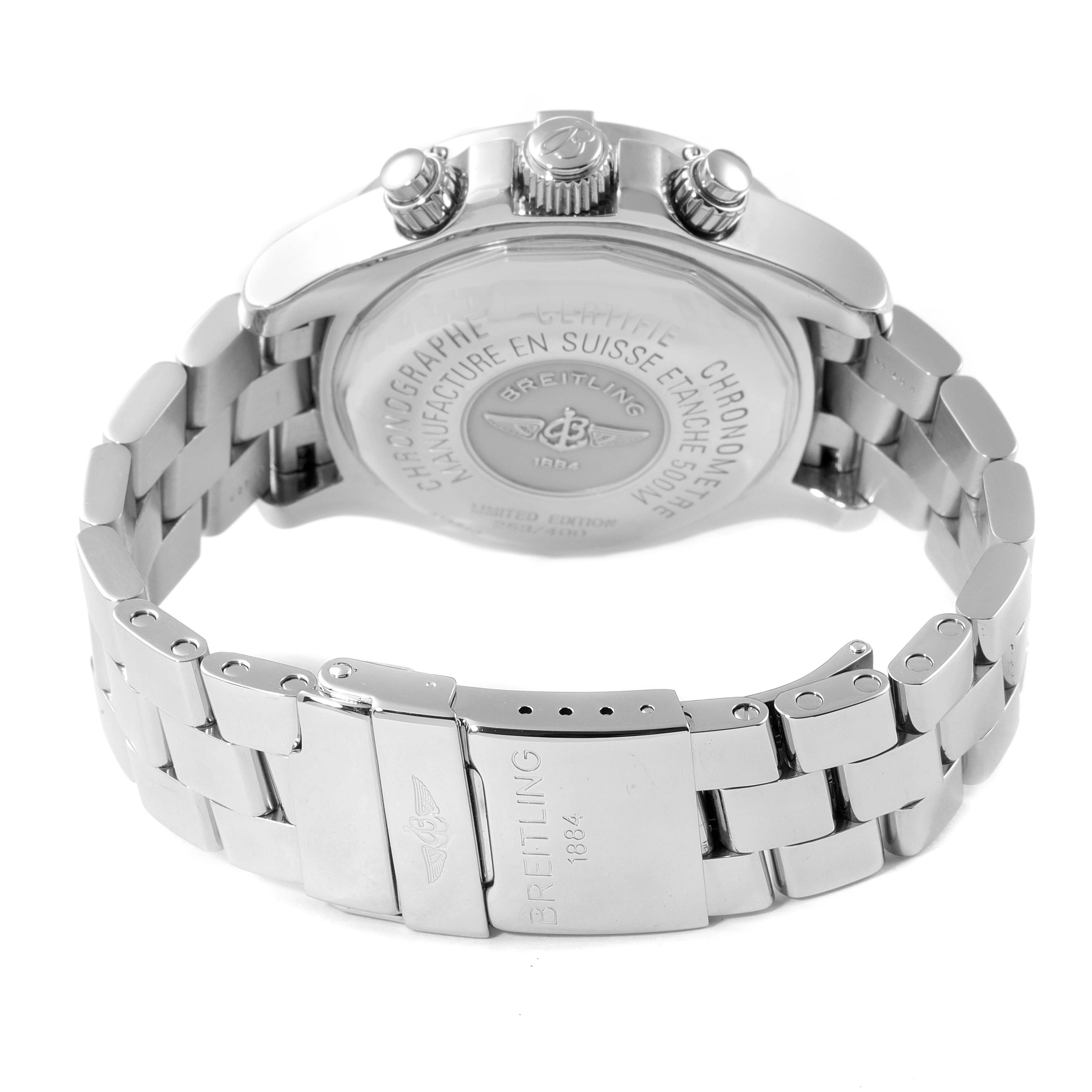 The image shows the back case, crown, pushers, and clasp of a Breitling Superocean A13340 Men
s Stainless Steel Black Dial A13340 Men
s Stainless Steel Black Dial watch from a rear angle.