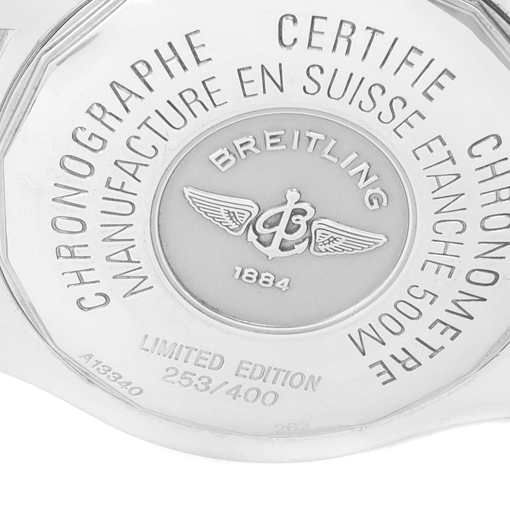 This image shows the back casing of a Breitling Superocean A13340 Men
s Stainless Steel Black Dial A13340 Men
s Stainless Steel Black Dial watch, highlighting limited edition details and brand inscription.