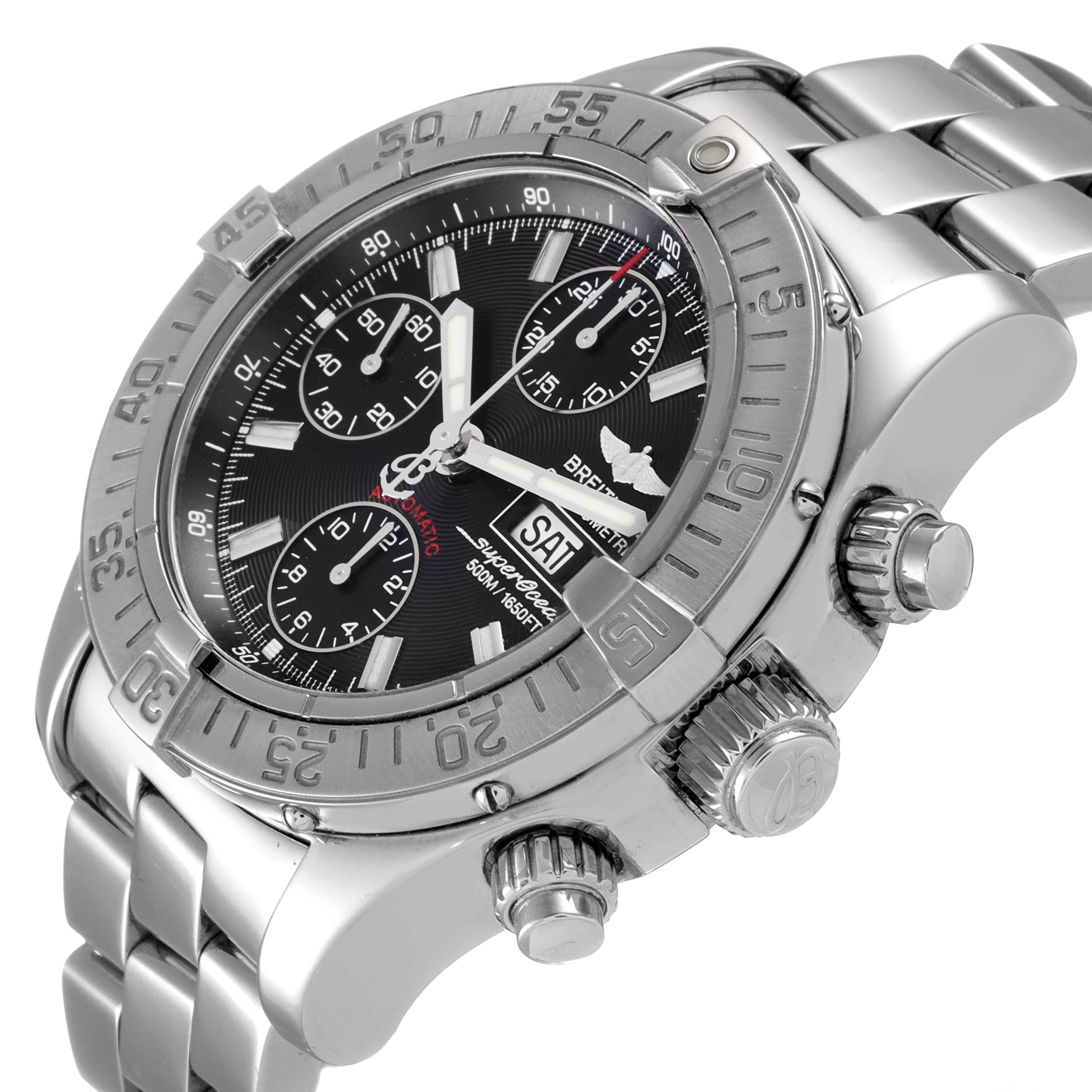 The image shows a close-up of a Breitling Superocean A13340 Men
s Stainless Steel Black Dial A13340 Men
s Stainless Steel Black Dial watch from an angled side view, highlighting the dial, bezel, and crown.