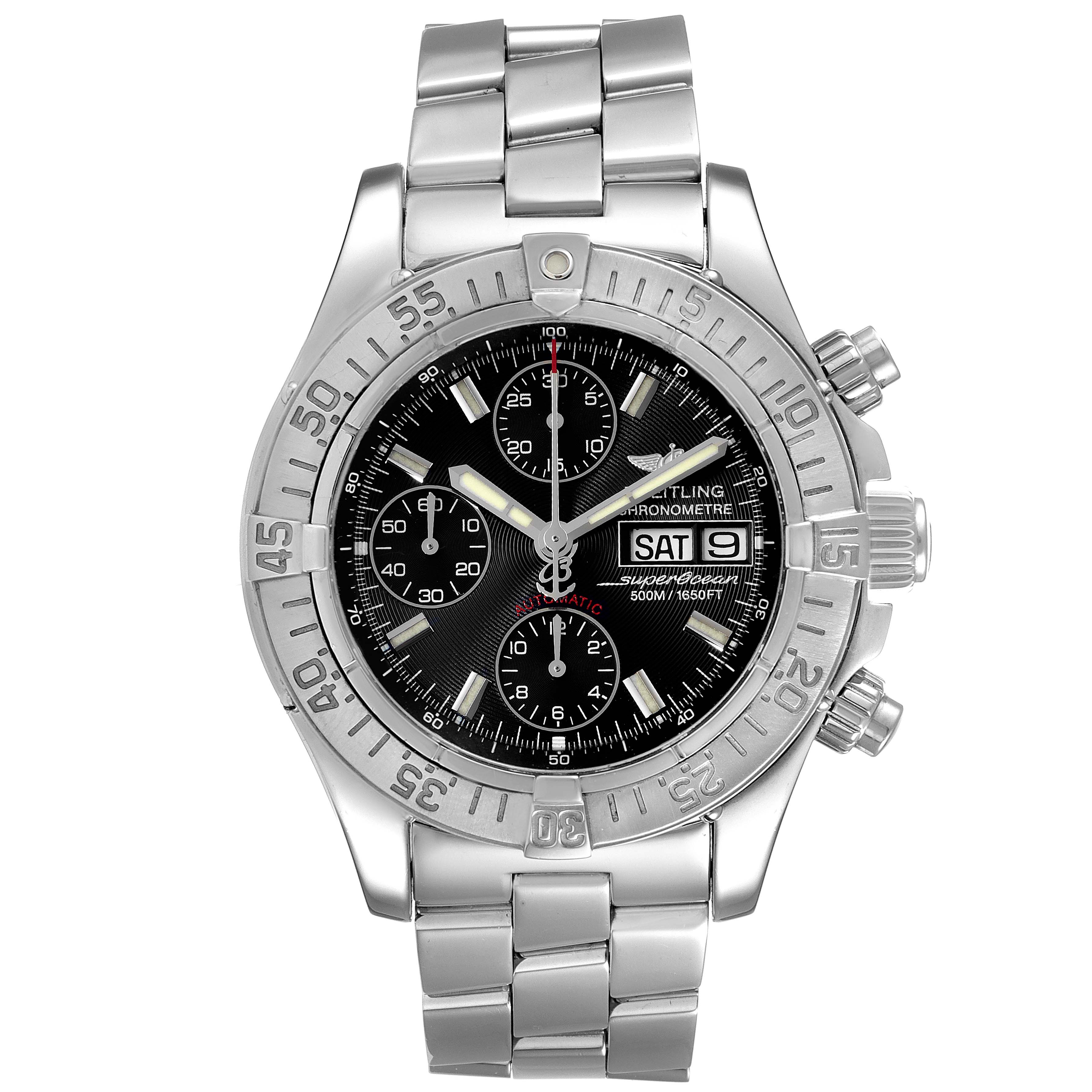 This image shows a front view of a Breitling Superocean A13340 Men
s Stainless Steel Black Dial A13340 Men
s Stainless Steel Black Dial watch, including its bezel, dial, chronograph subdials, and bracelet.
