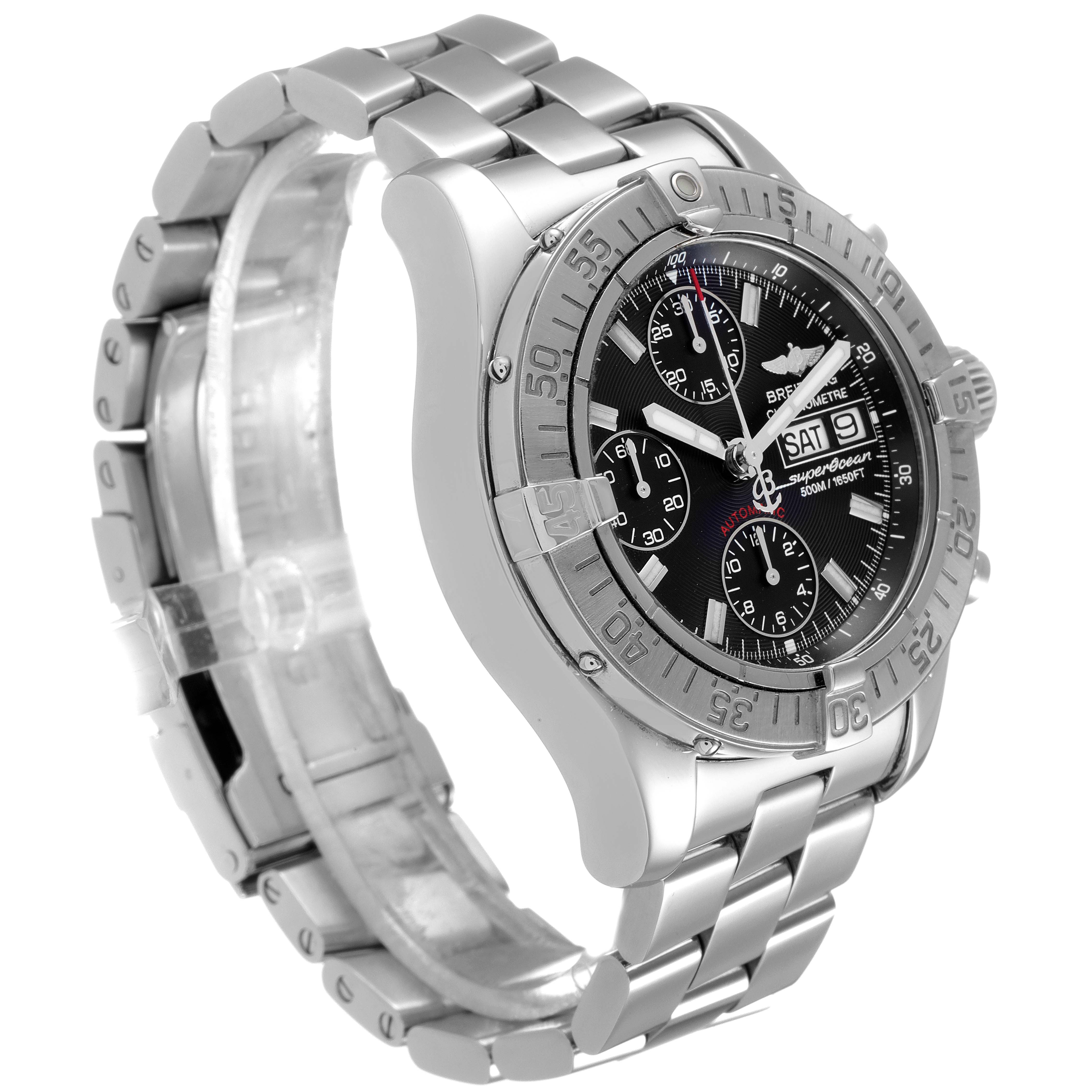 The Breitling Superocean A13340 Men
s Stainless Steel Black Dial A13340 Men
s Stainless Steel Black Dial watch is shown at an angle displaying its face, bezel, and metal bracelet.