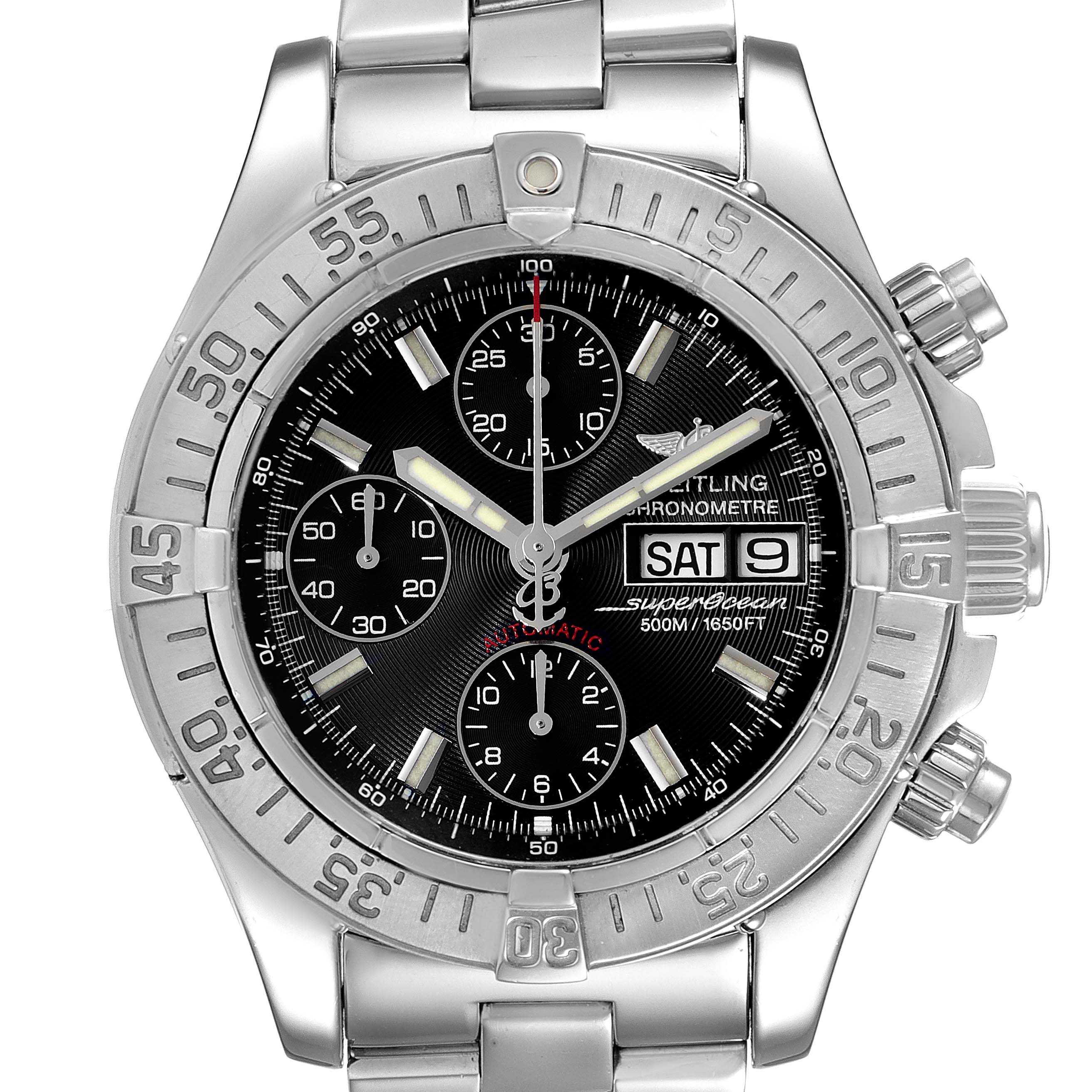 This image shows a front view of the Breitling Superocean A13340 Men
s Stainless Steel Black Dial A13340 Men
s Stainless Steel Black Dial watch, highlighting the dial, bezel, and bracelet.