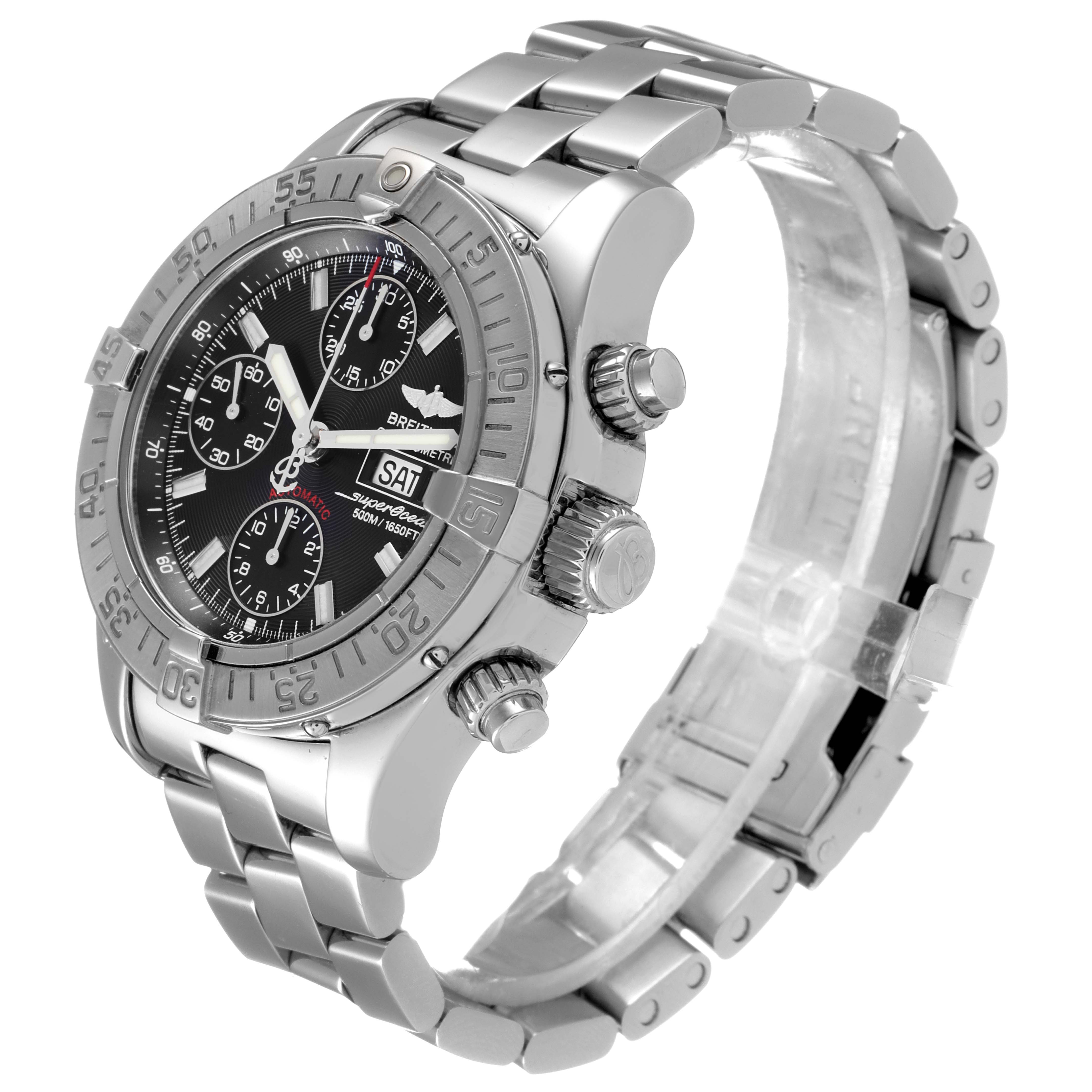 The image shows the Breitling Superocean A13340 Men
s Stainless Steel Black Dial A13340 Men
s Stainless Steel Black Dial watch at an angled side view, highlighting the bezel, crown, and metal bracelet.