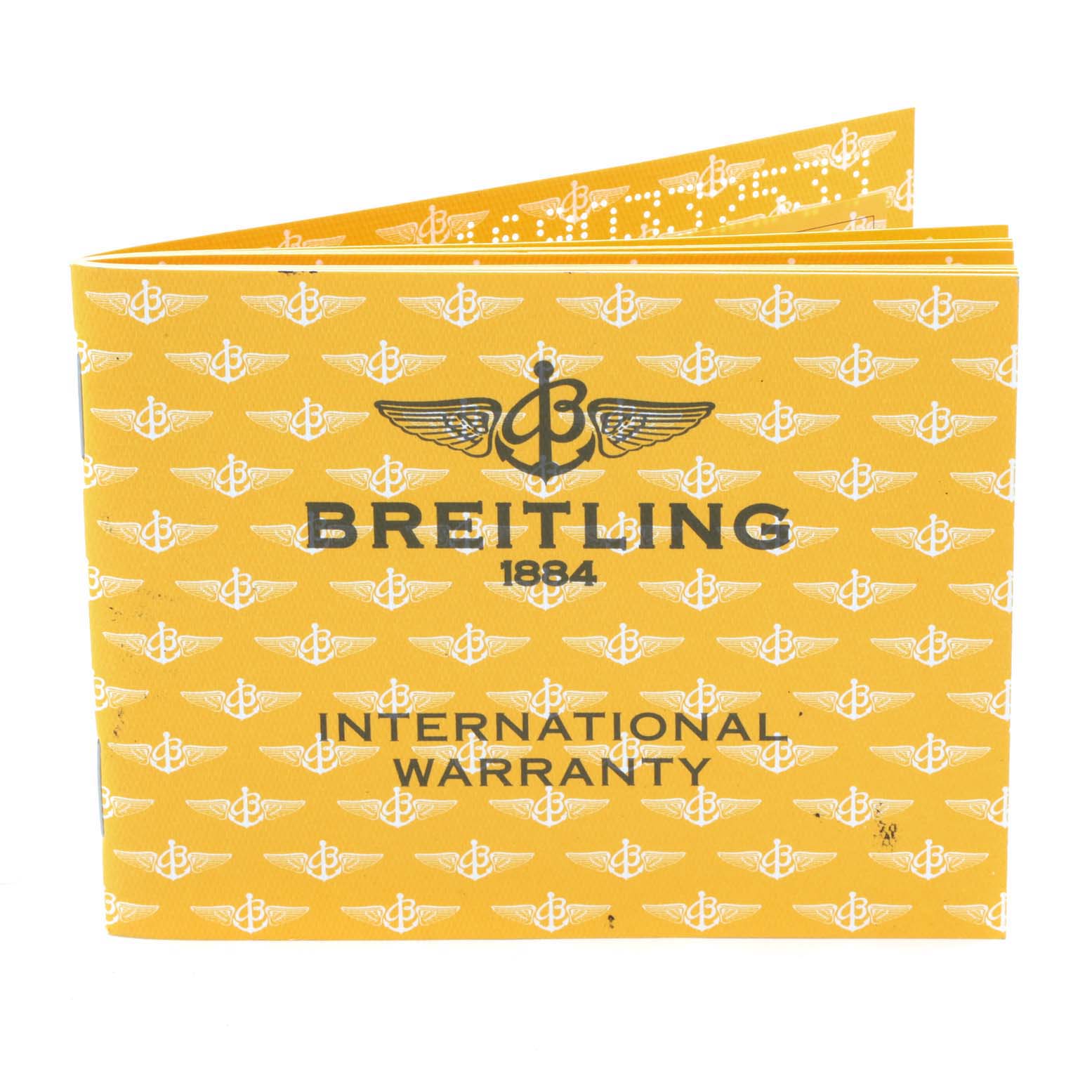 The image shows the international warranty booklet for the Breitling Bentley A13362 Men's Stainless Steel Burgundy Dial A13362 Men's Stainless Steel Burgundy Dial model, viewed from a slight side angle.