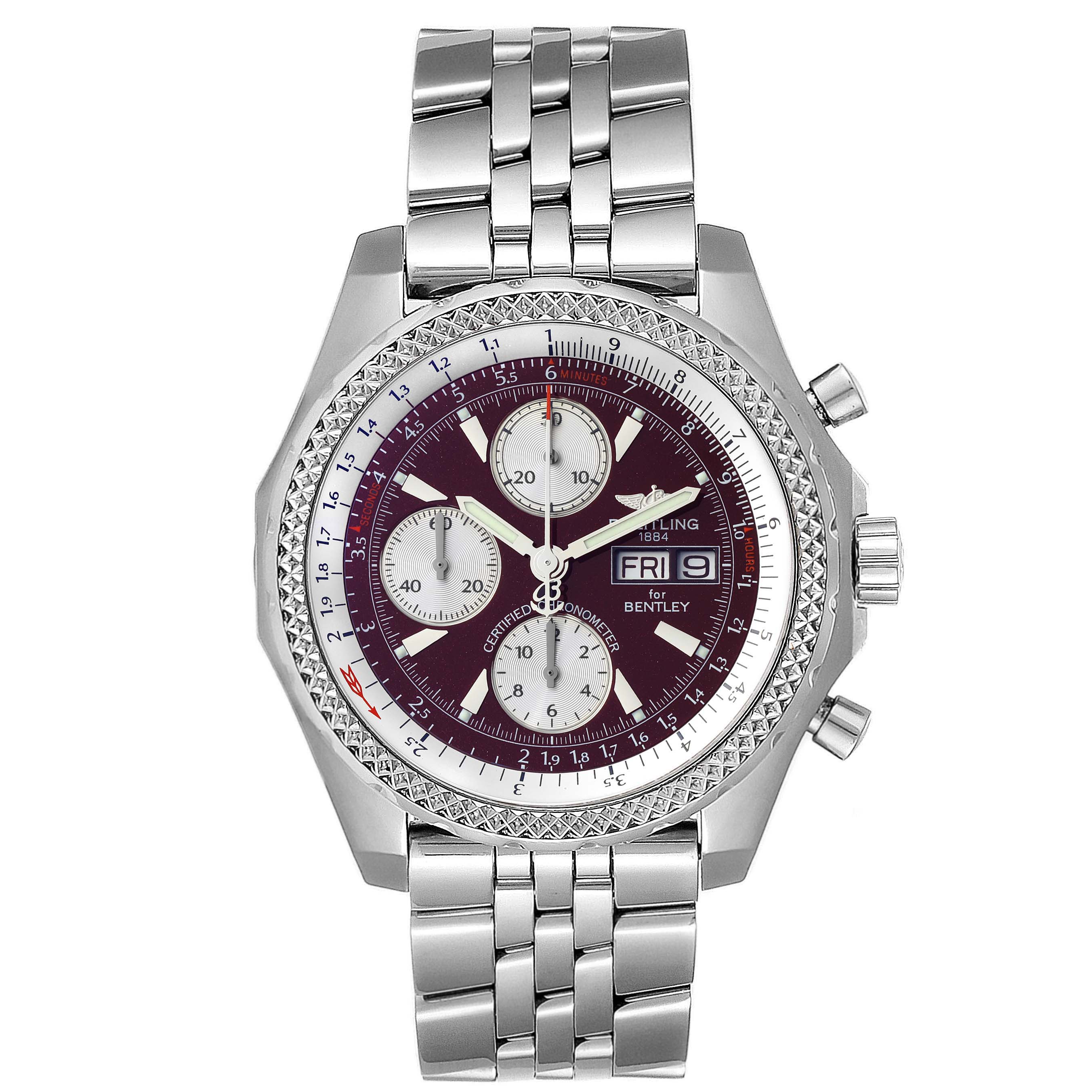 The image shows a frontal view of the Breitling Bentley A13362 Men's Stainless Steel Burgundy Dial A13362 Men's Stainless Steel Burgundy Dial model watch, highlighting the dial, bezel, and bracelet.