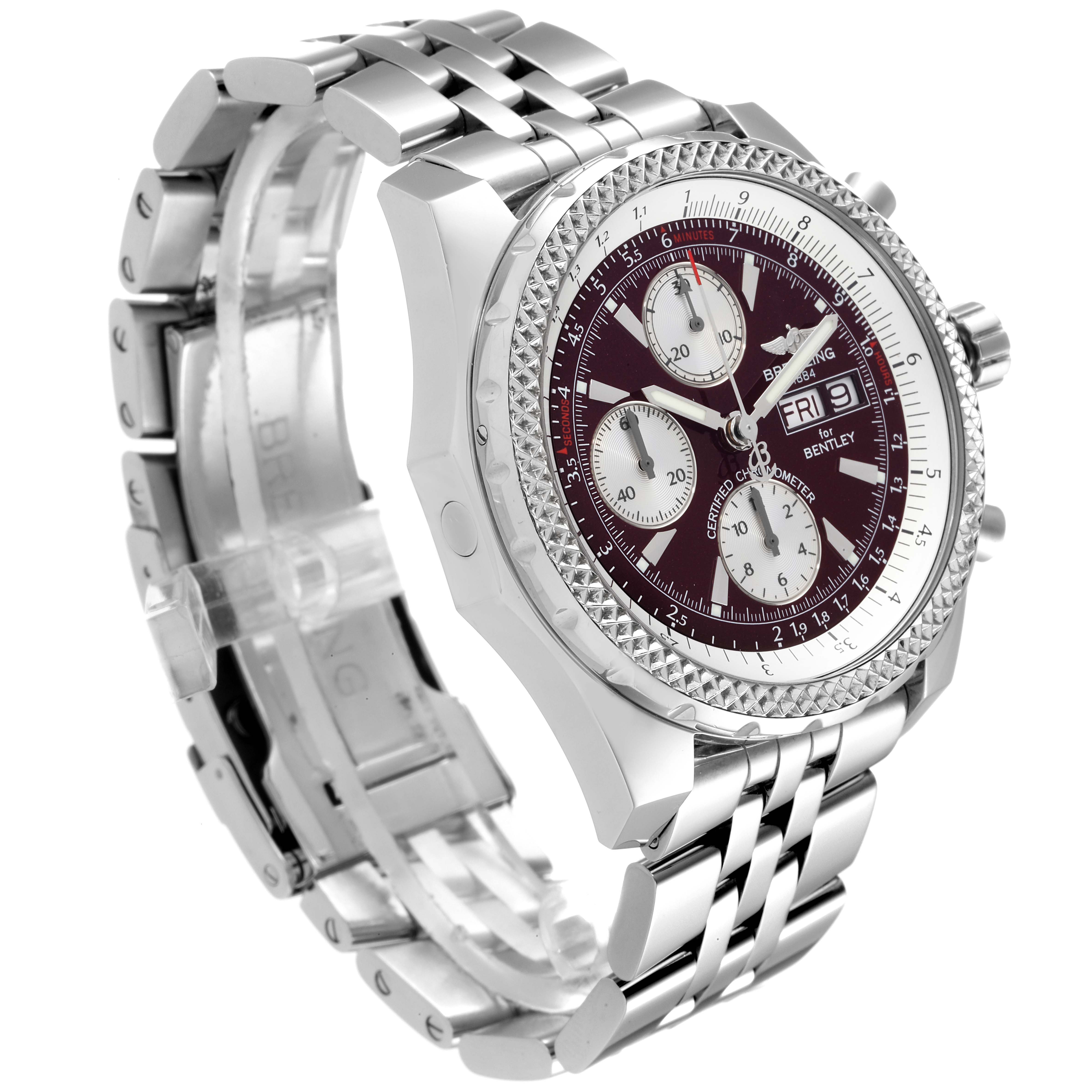 The image shows a Breitling Bentley A13362 Men's Stainless Steel Burgundy Dial A13362 Men's Stainless Steel Burgundy Dial watch taken from an angle that highlights the dial, bezel, crown, pushers, and bracelet.