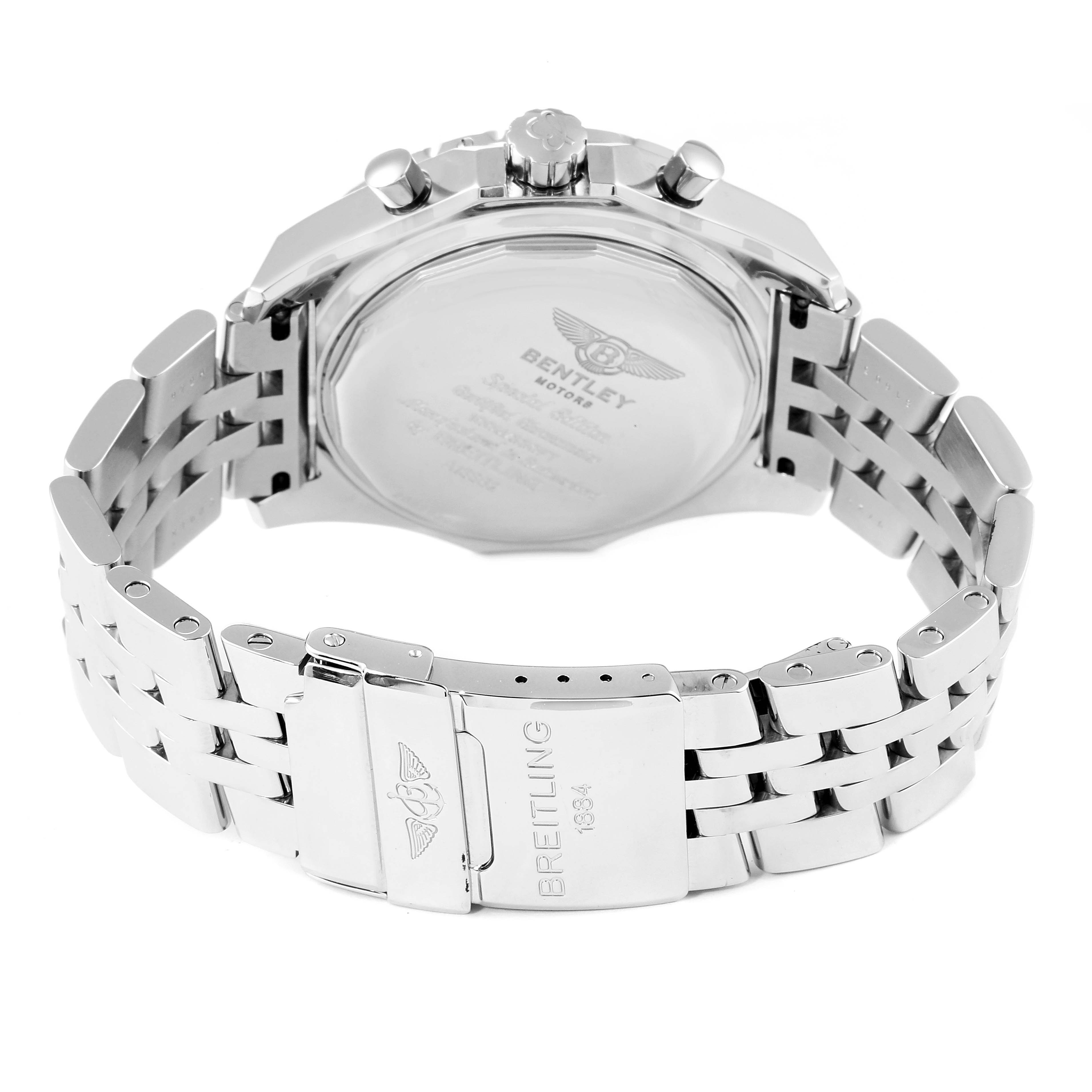 The image shows the back and bracelet of the Breitling Bentley A13362 Men's Stainless Steel Burgundy Dial A13362 Men's Stainless Steel Burgundy Dial model watch with a focus on the clasp and case back.