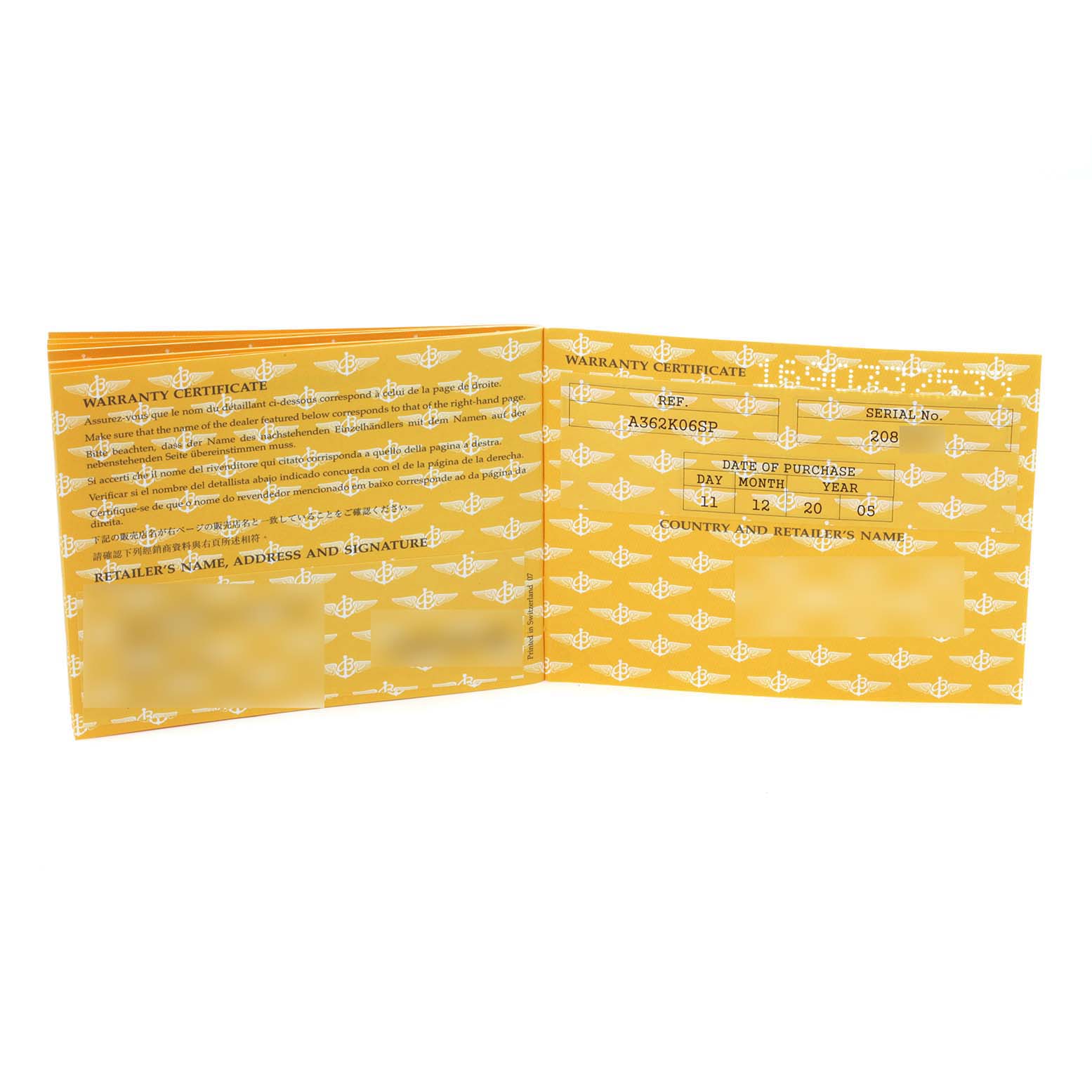 This image shows an open warranty certificate for a Bentley model by Breitling.