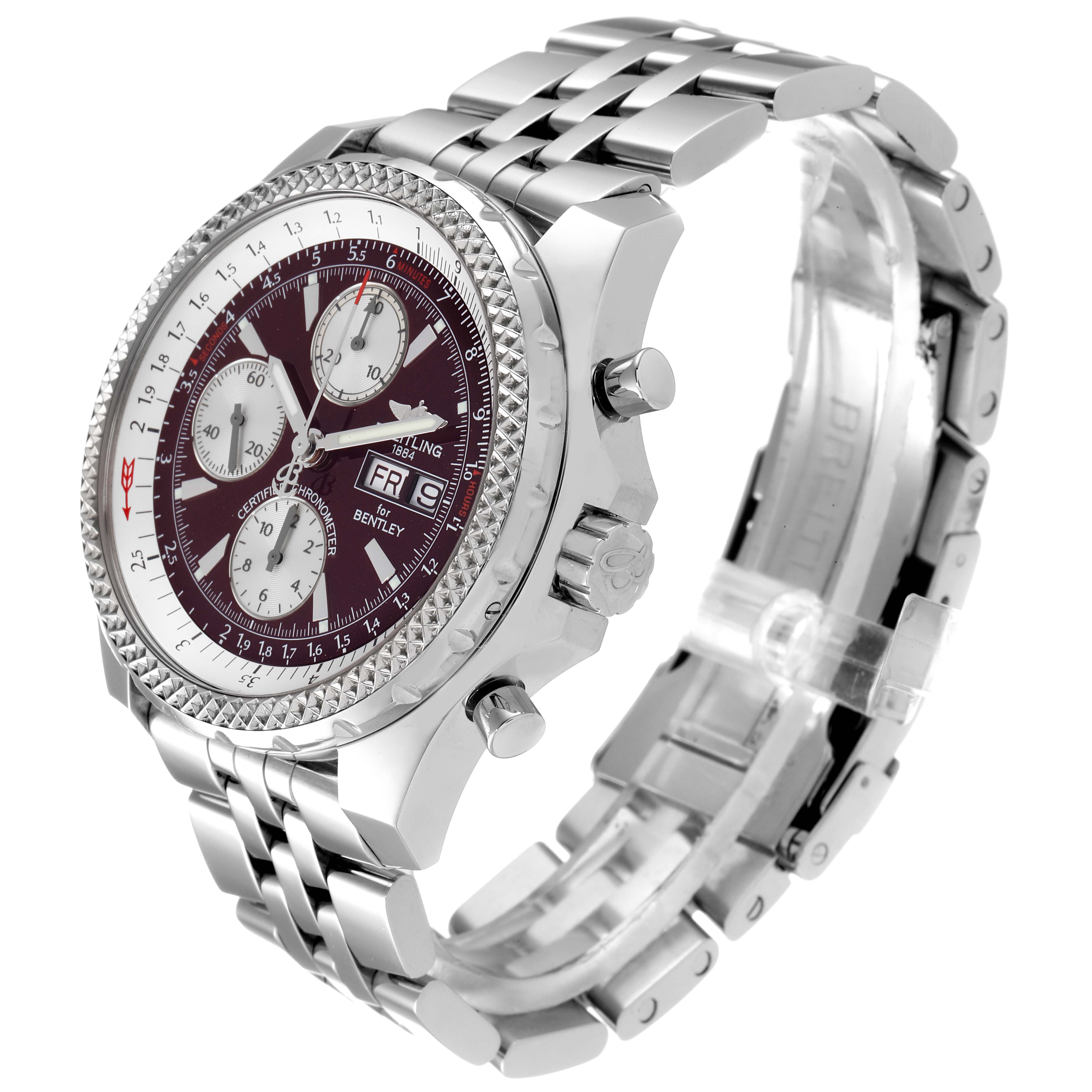 The image shows a side view of a Breitling Bentley A13362 Men's Stainless Steel Burgundy Dial A13362 Men's Stainless Steel Burgundy Dial watch, highlighting its bezel, chronograph dials, and stainless steel bracelet.