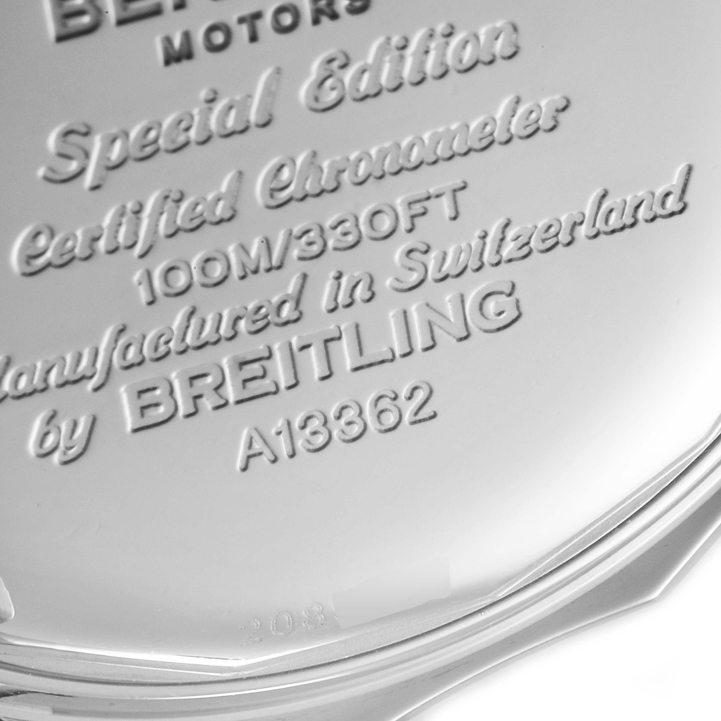 The image shows the back case of a Breitling Bentley A13362 Men's Stainless Steel Burgundy Dial A13362 Men's Stainless Steel Burgundy Dial watch, highlighting inscriptions and model information.