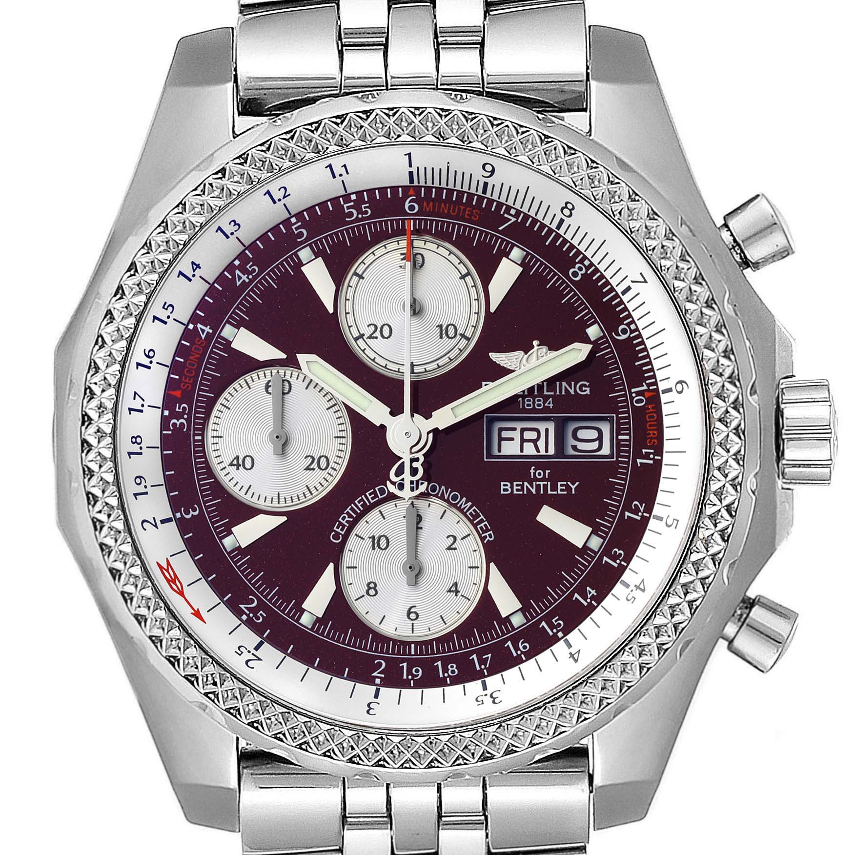 Front view of a Breitling Bentley A13362 Men's Stainless Steel Burgundy Dial A13362 Men's Stainless Steel Burgundy Dial watch, showcasing the dial, subdials, bezel, and bracelet.