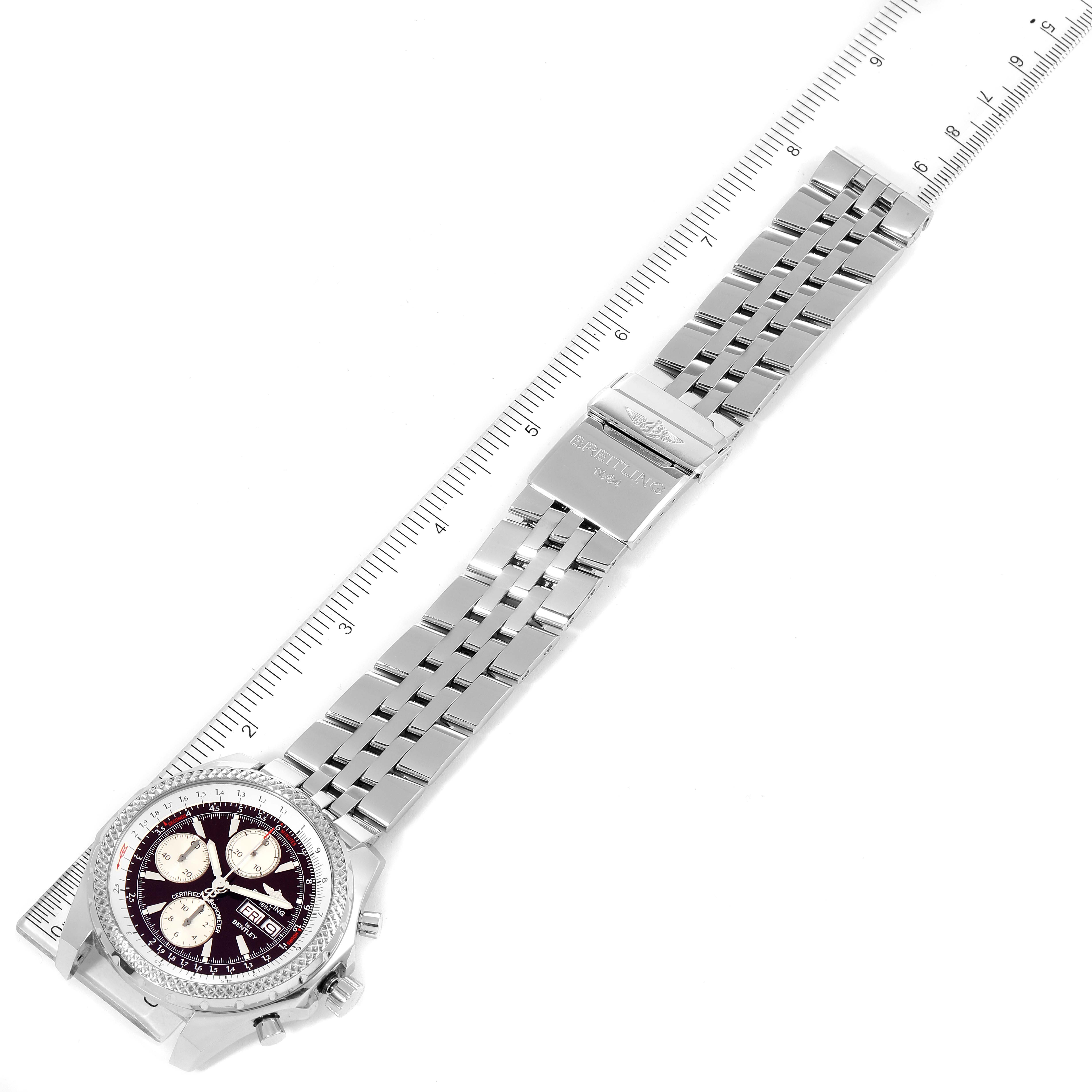 The Breitling Bentley A13362 Men's Stainless Steel Burgundy Dial A13362 Men's Stainless Steel Burgundy Dial watch is shown from a top-down angle, displaying the face, bezel, bracelet, and clasp.