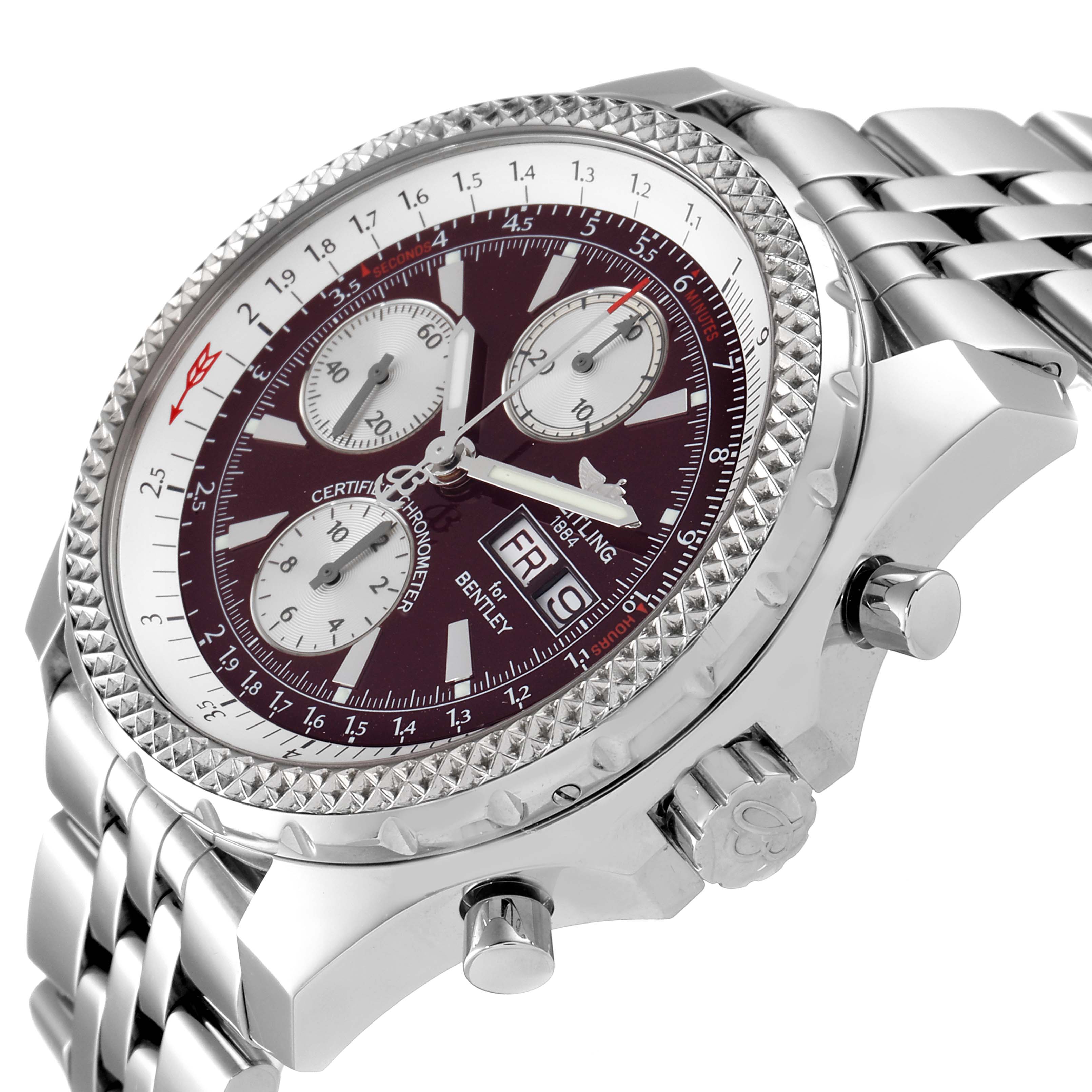 The image shows a Breitling Bentley A13362 Men's Stainless Steel Burgundy Dial A13362 Men's Stainless Steel Burgundy Dial watch at an angle, highlighting its face, bezel, chronograph dials, and metal bracelet.