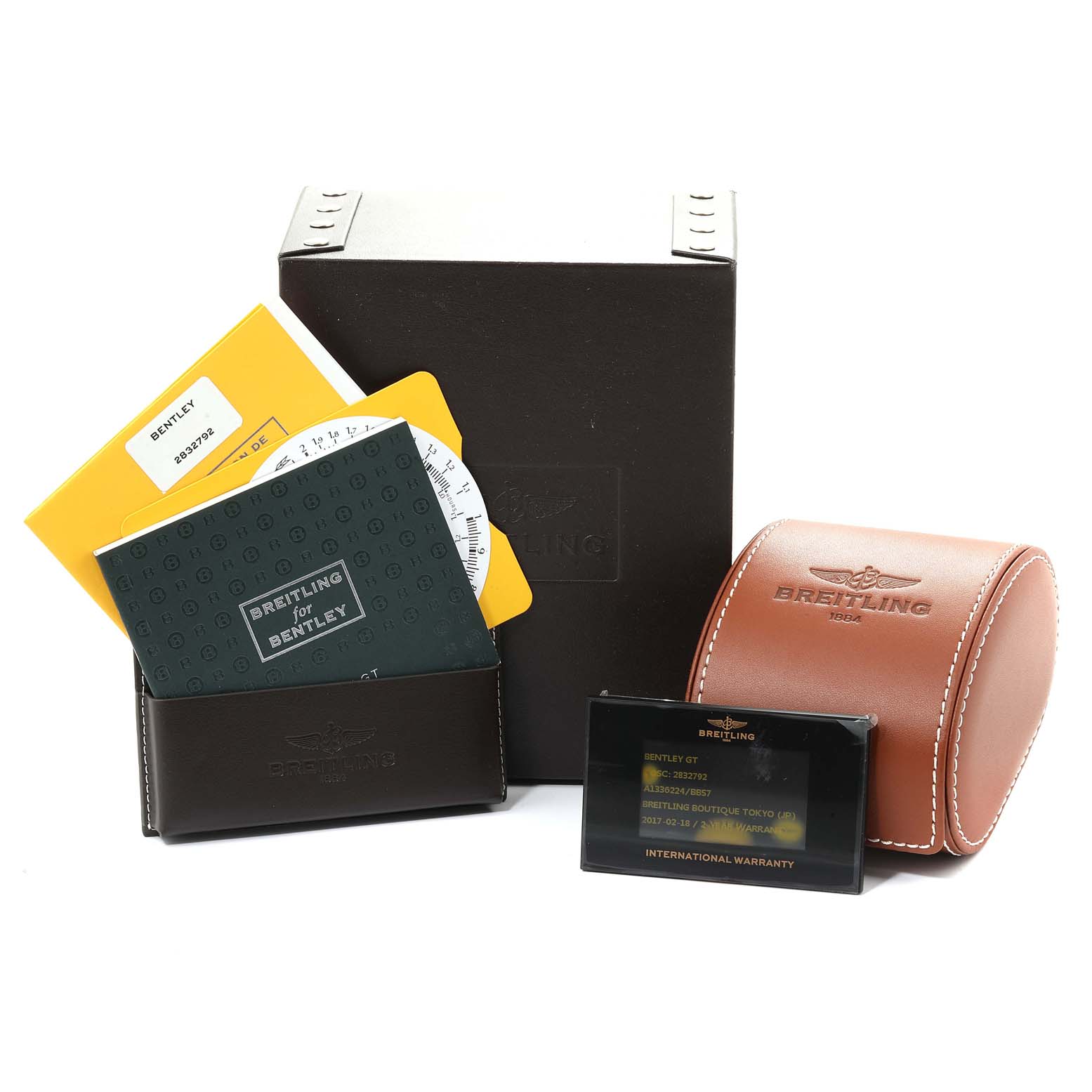 The image shows the box, warranty cards, documents, leather case, and accessories for the Breitling Bentley A13362 Men's Stainless Steel Black Dial A13362 Men's Stainless Steel Black Dial watch model.