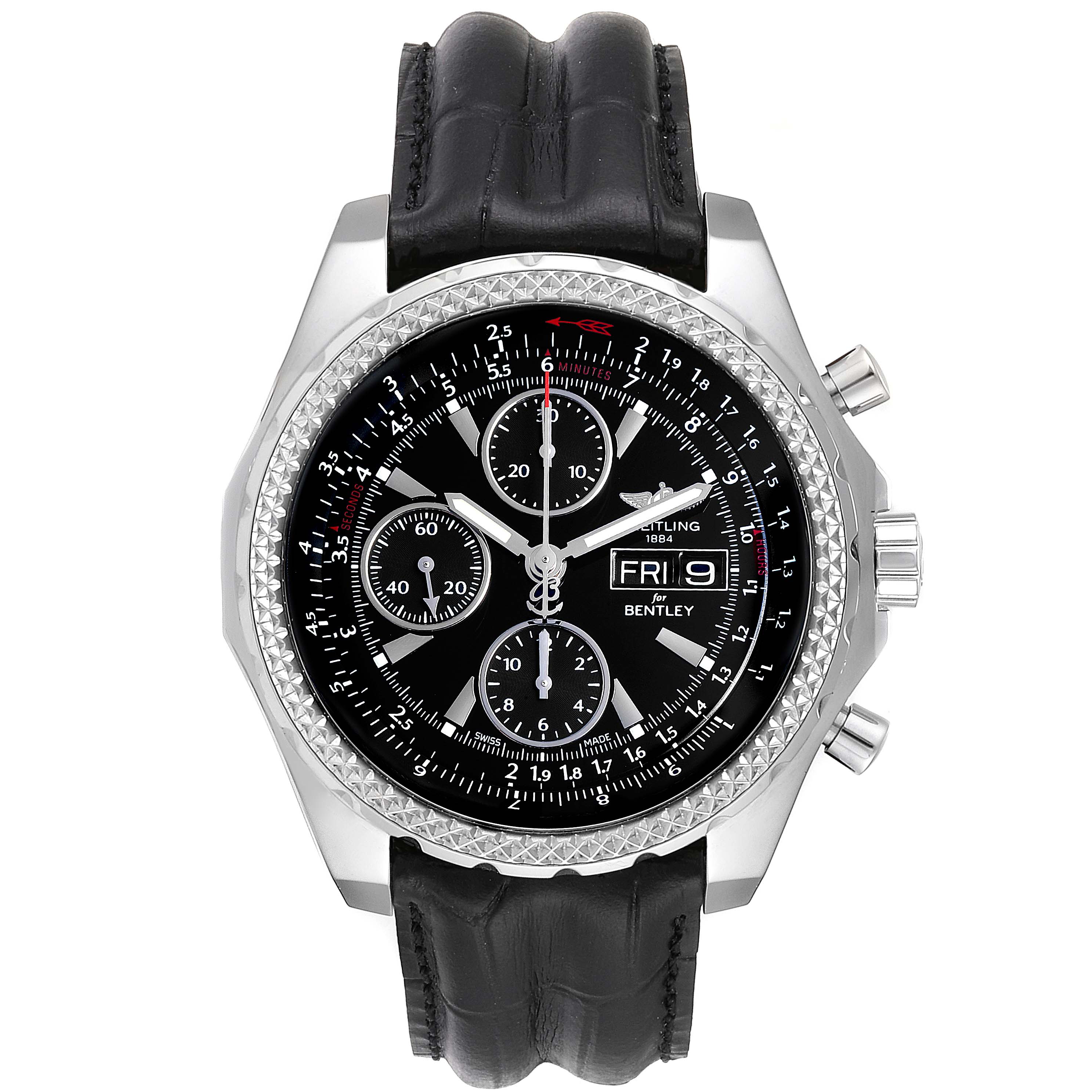 The image shows a Breitling Bentley A13362 Men's Stainless Steel Black Dial A13362 Men's Stainless Steel Black Dial model watch from a front angle, displaying its black dial, chronographs, and leather strap.