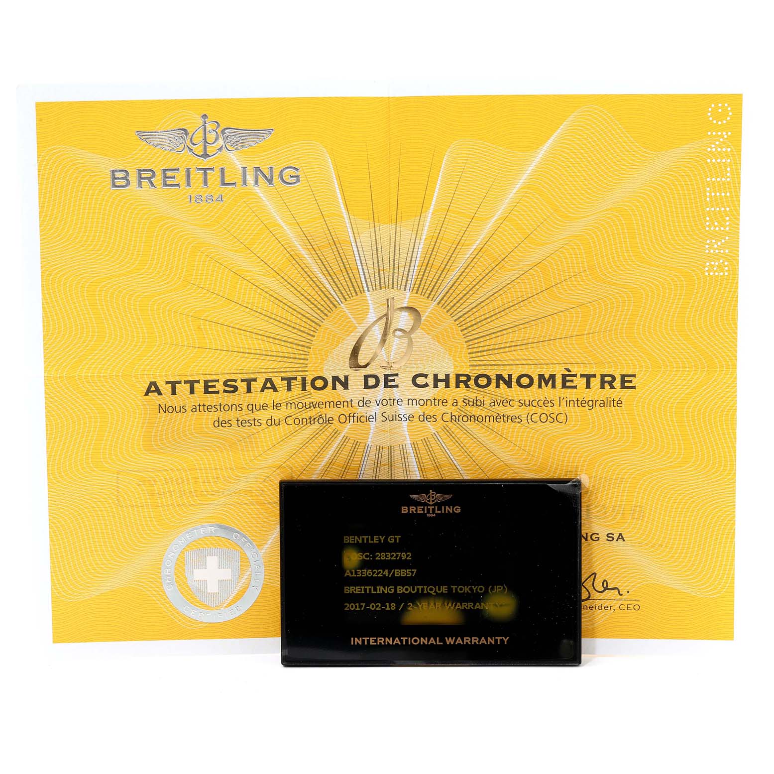 The image shows the Breitling Bentley A13362 Men's Stainless Steel Black Dial A13362 Men's Stainless Steel Black Dial model's certification card and international warranty against a certificate background.