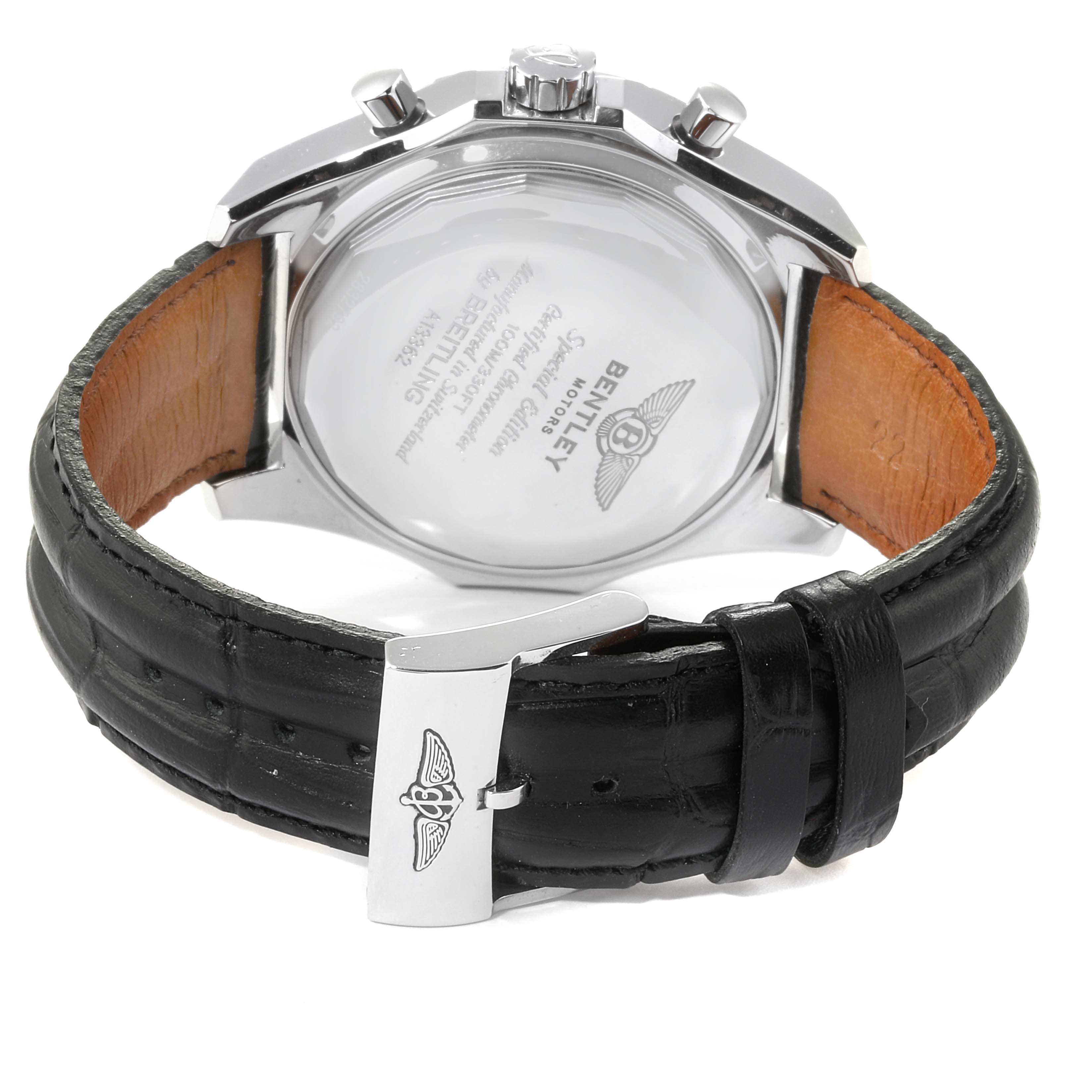 This image shows the Bentley model by Breitling from the back, highlighting its leather strap and case back.