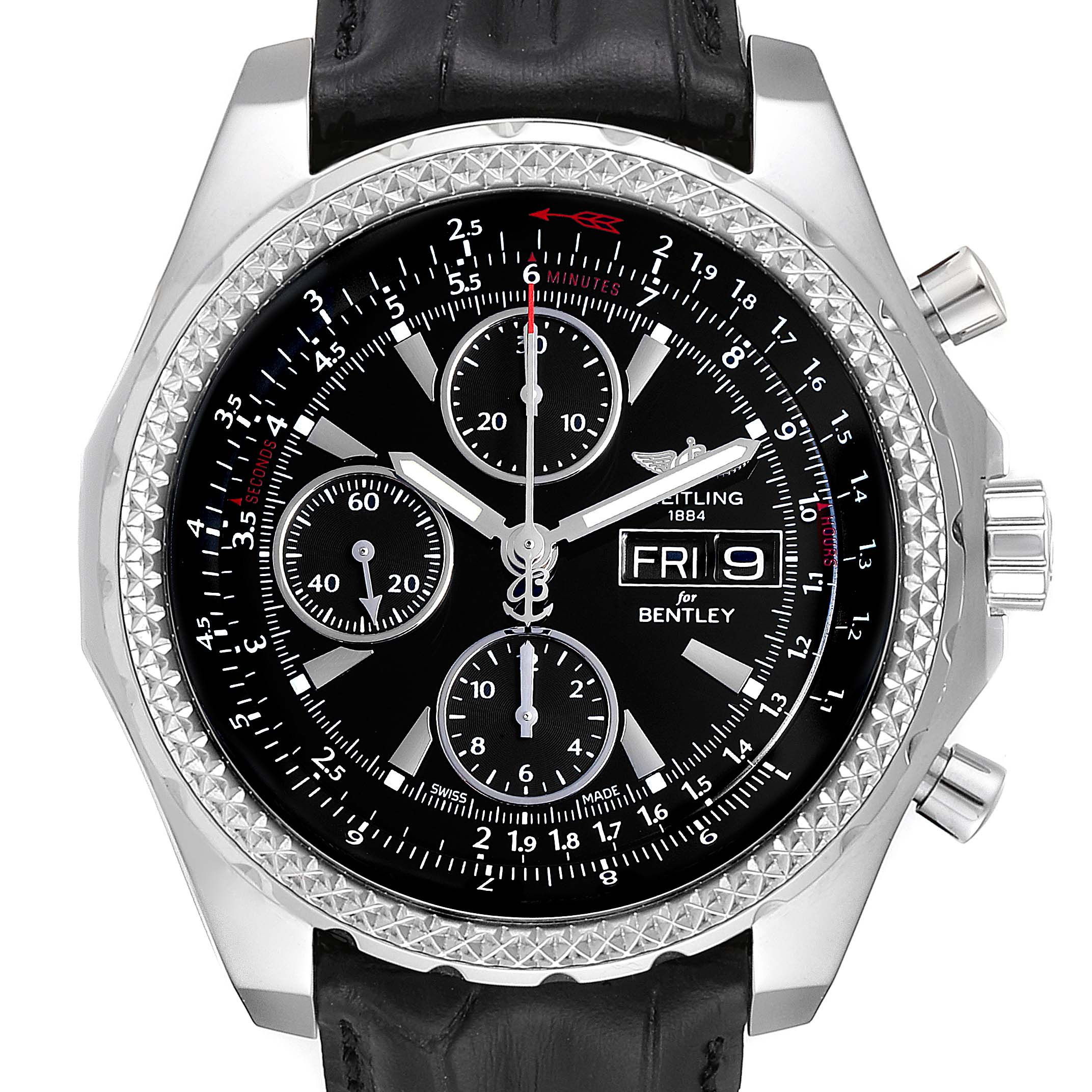 The Breitling Bentley A13362 Men's Stainless Steel Black Dial A13362 Men's Stainless Steel Black Dial watch is shown from a front angle, displaying its black dial, subdials, date window, and leather strap.